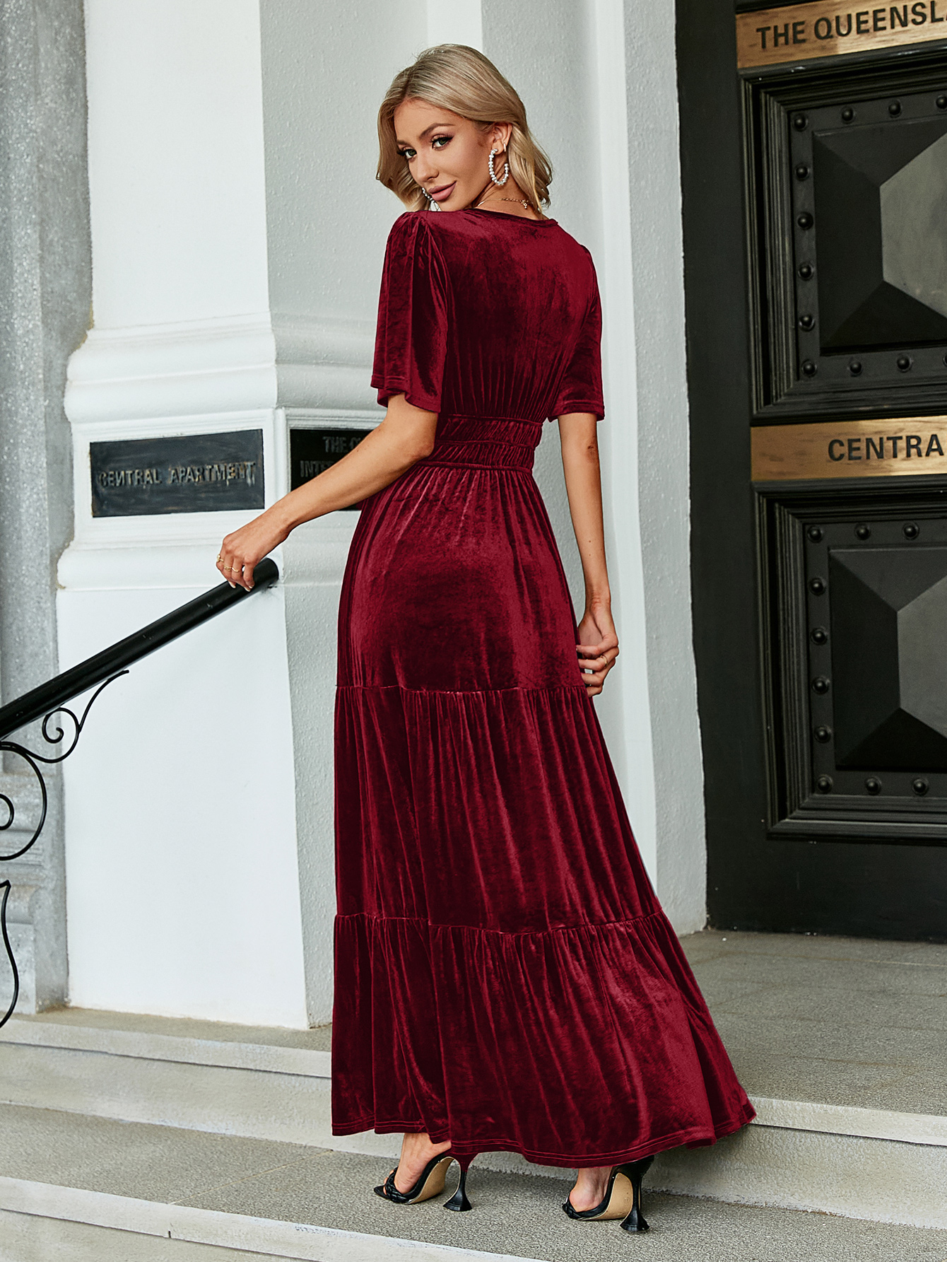 Velvet V-Neck Ruffle Tiered Wedding Guest Maxi Dress