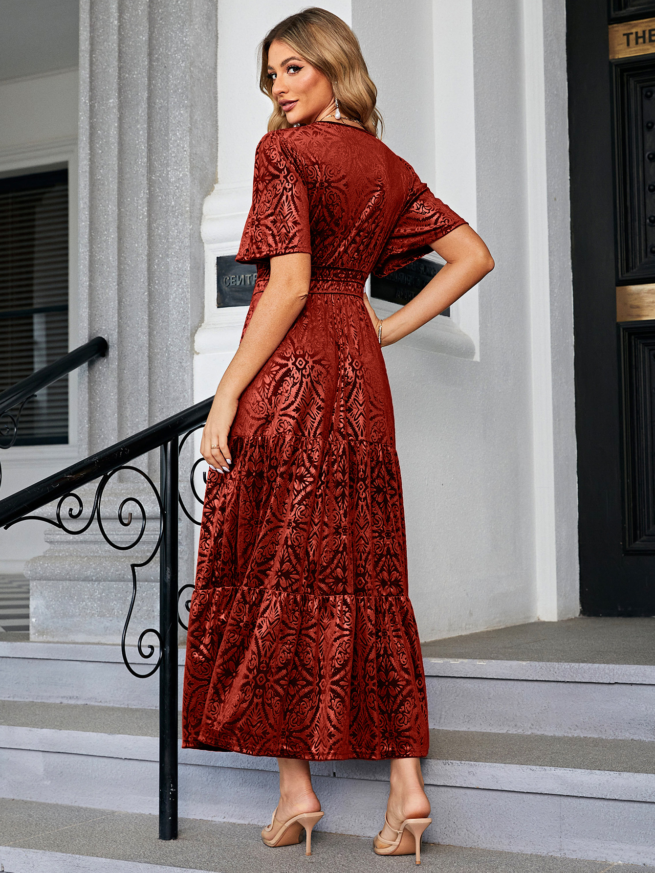 Velvet Print V-Neck Empire Tiered Ruffle Maxi Dress