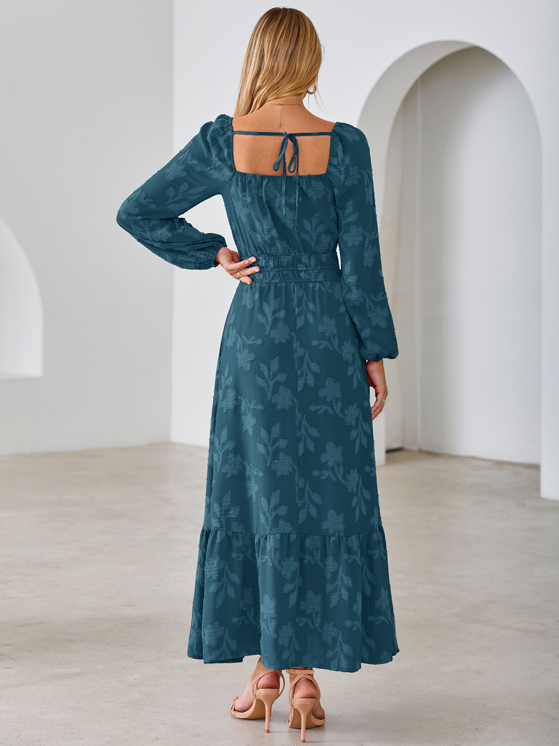Jacquard Floral Square Neck Wedding Guest Maxi Dress