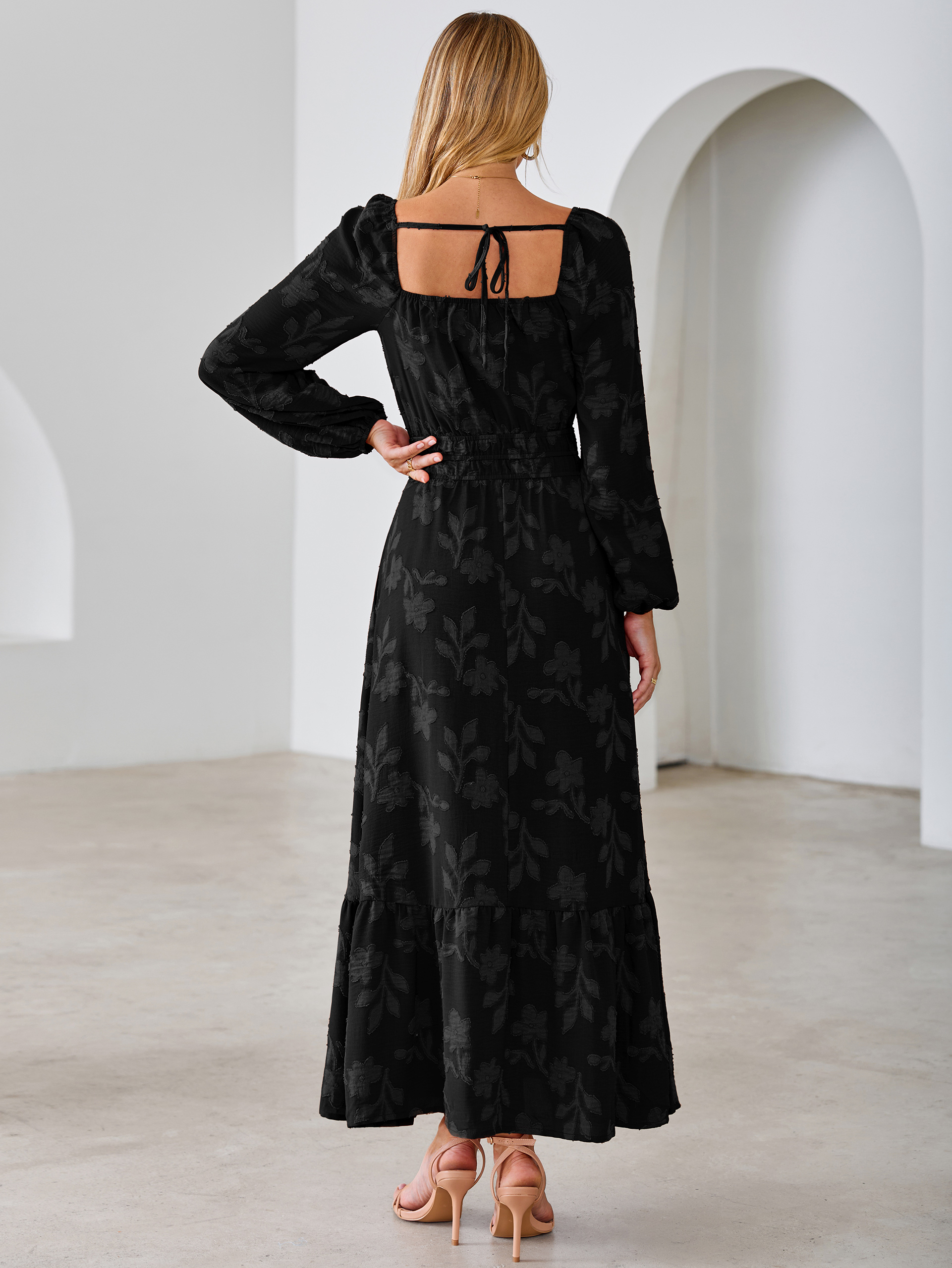 Jacquard Floral Square Neck Wedding Guest Maxi Dress