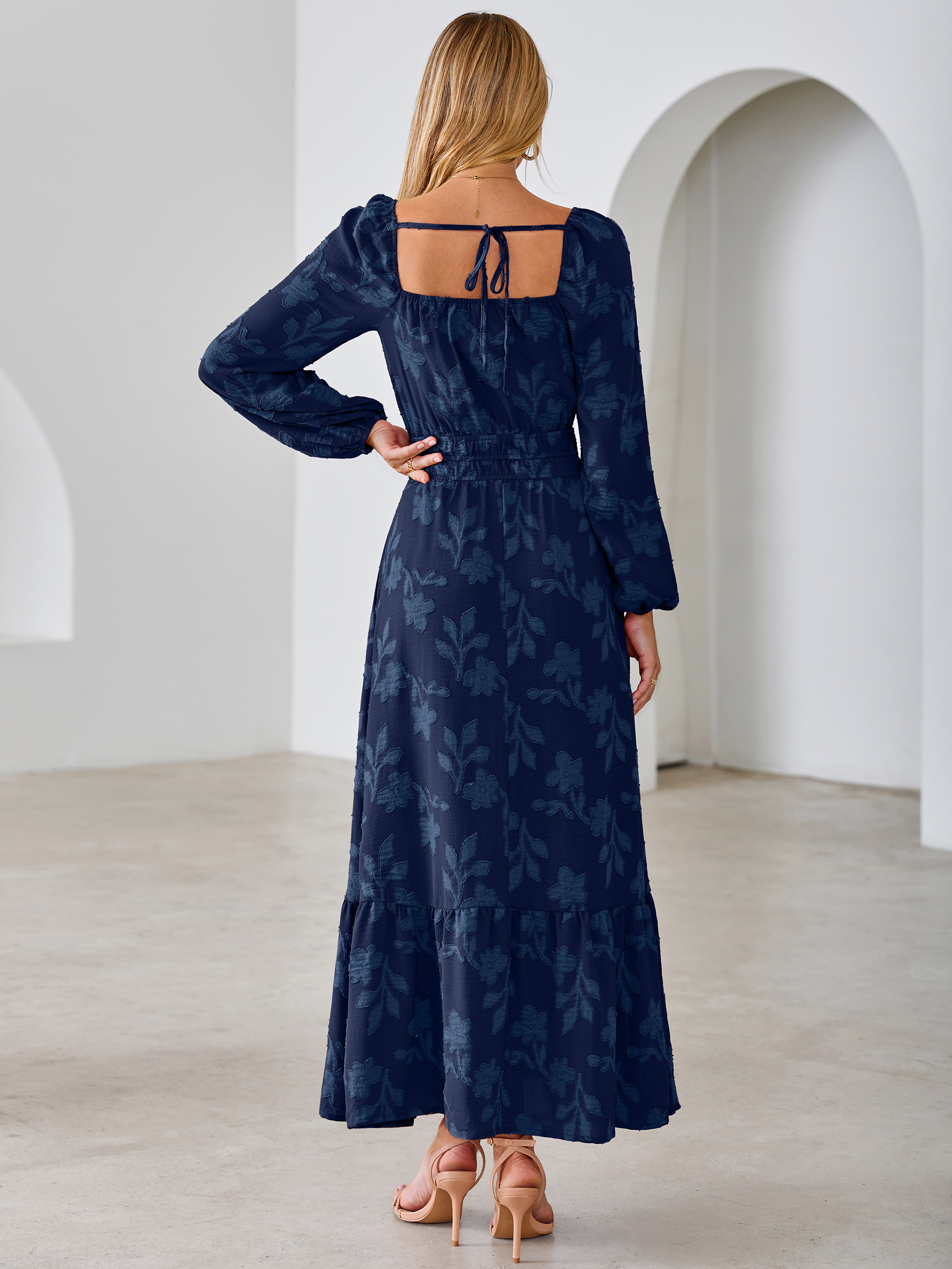 Jacquard Floral Square Neck Wedding Guest Maxi Dress