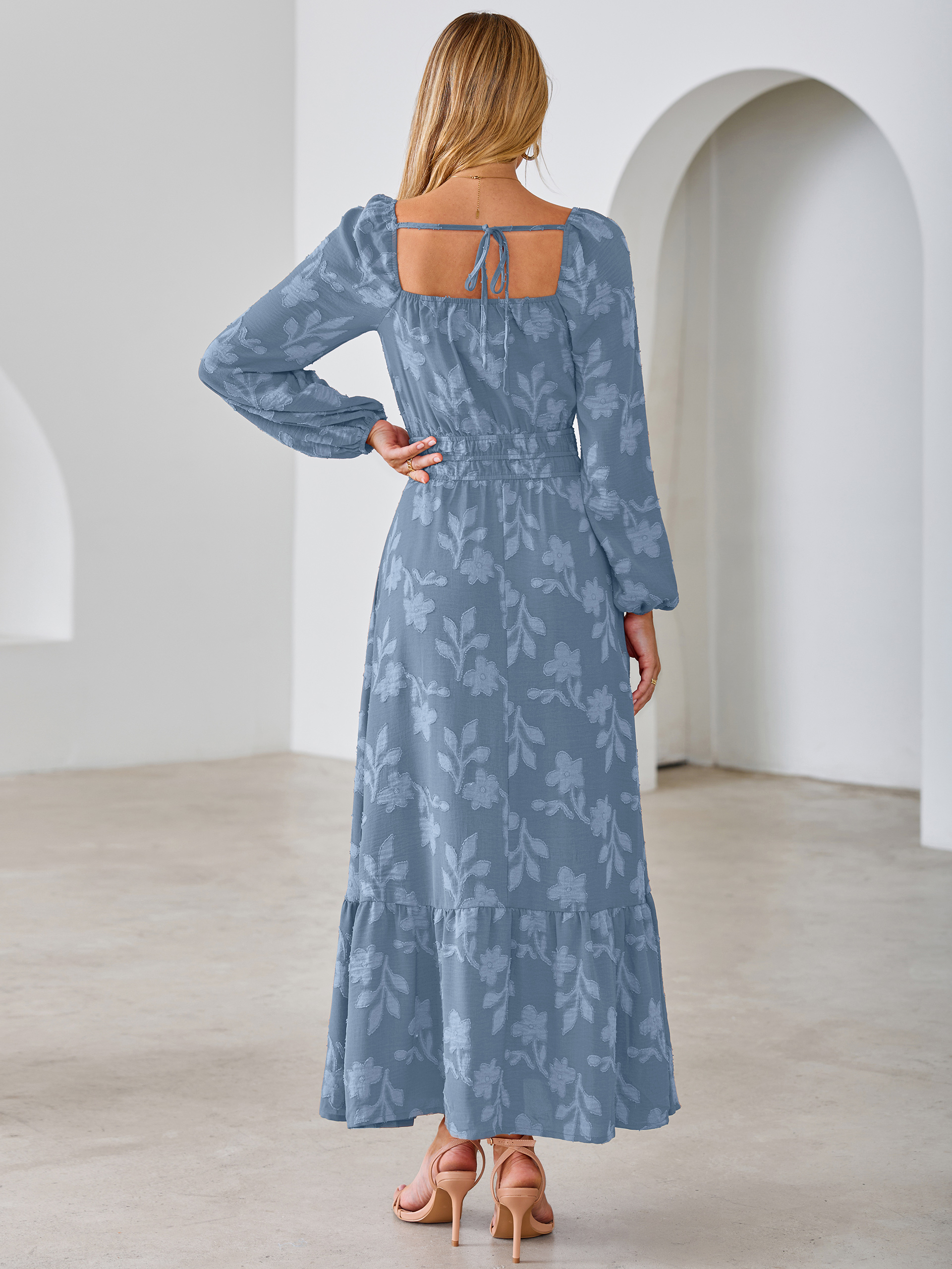 Jacquard Floral Square Neck Wedding Guest Maxi Dress