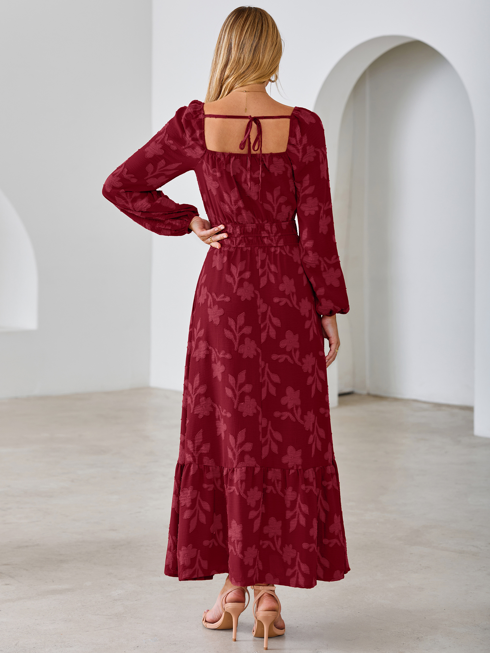 Jacquard Floral Square Neck Wedding Guest Maxi Dress