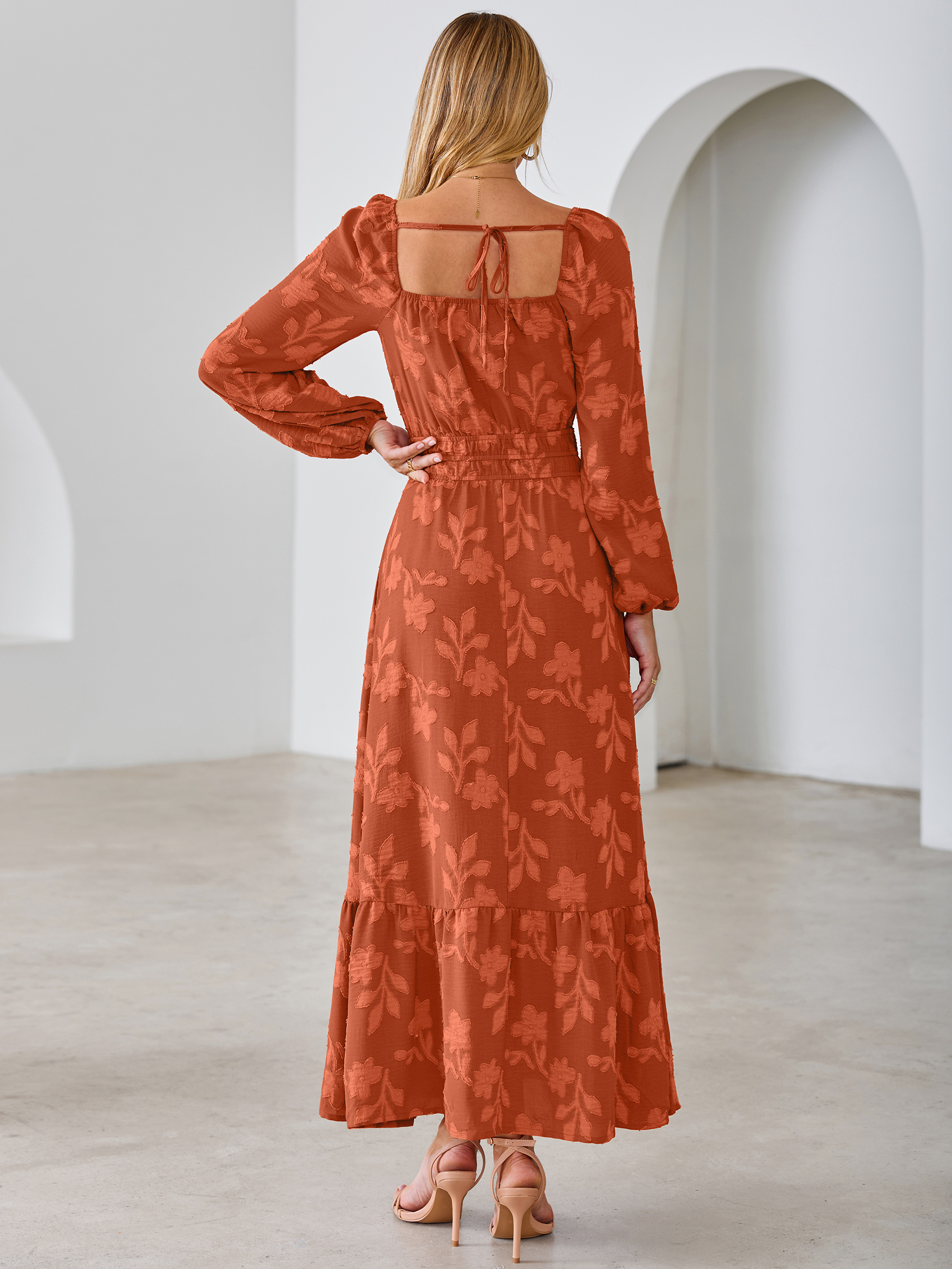 Jacquard Floral Square Neck Wedding Guest Maxi Dress