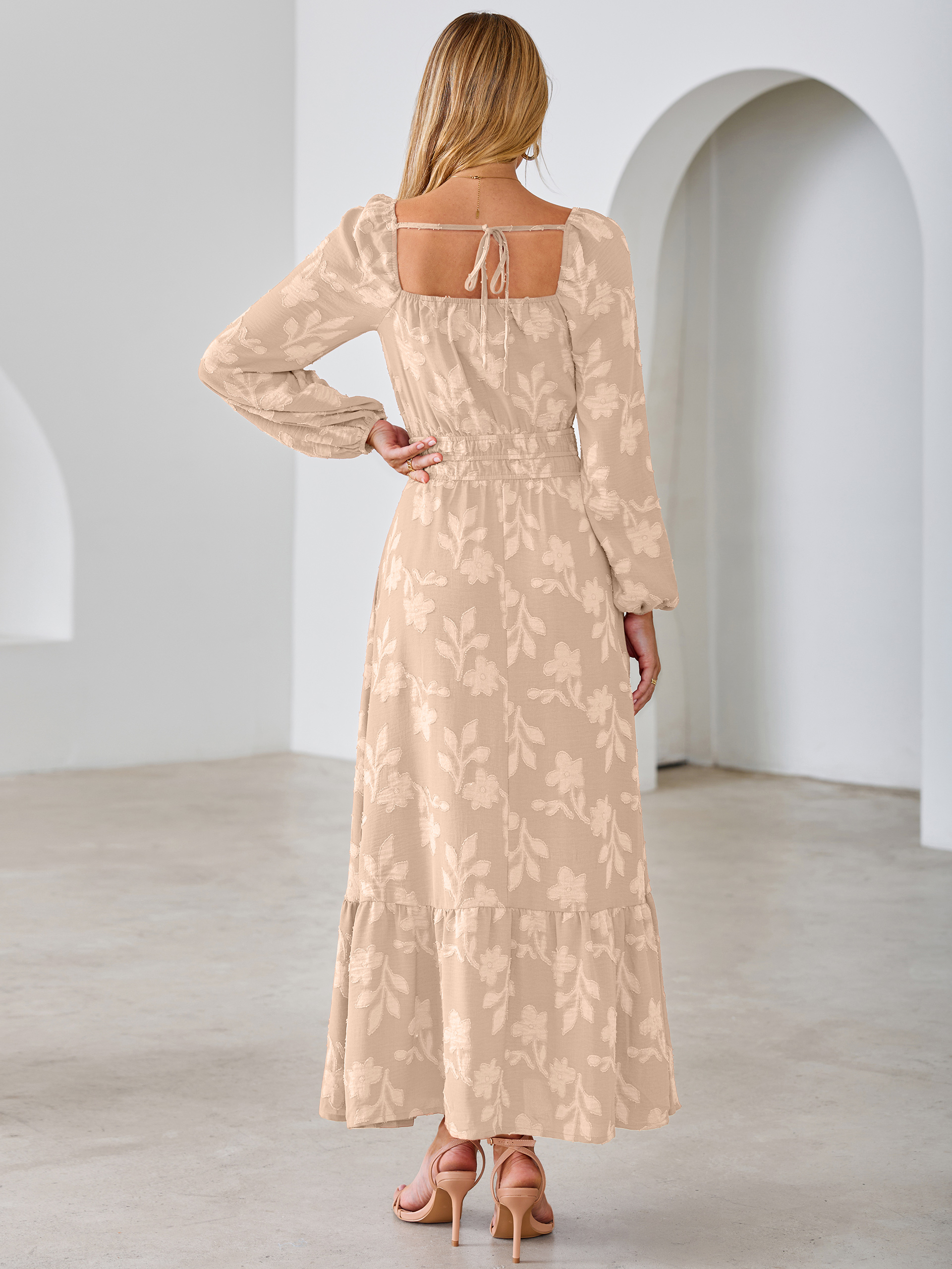 Jacquard Floral Square Neck Wedding Guest Maxi Dress