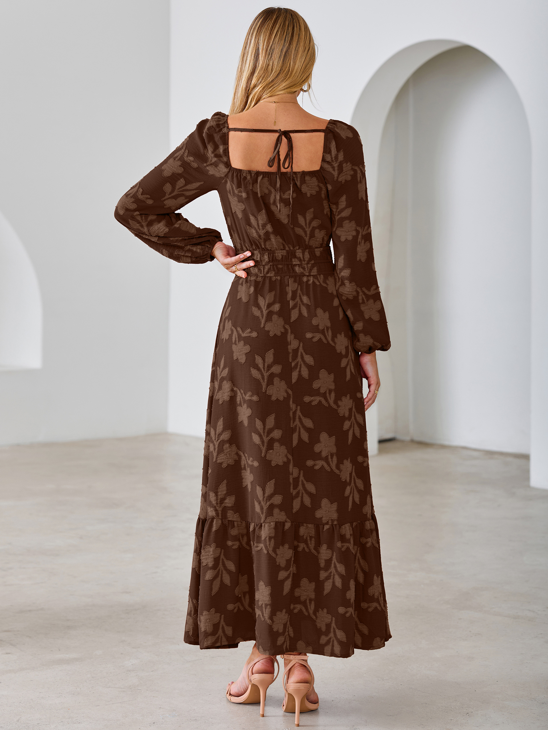 Jacquard Floral Square Neck Wedding Guest Maxi Dress