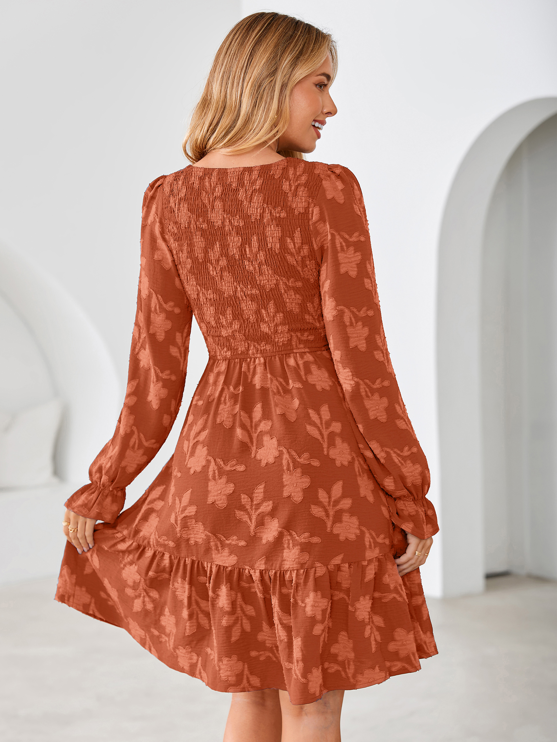 Burnout Leaf Smocked Bodice Long Sleeve Mini Dress