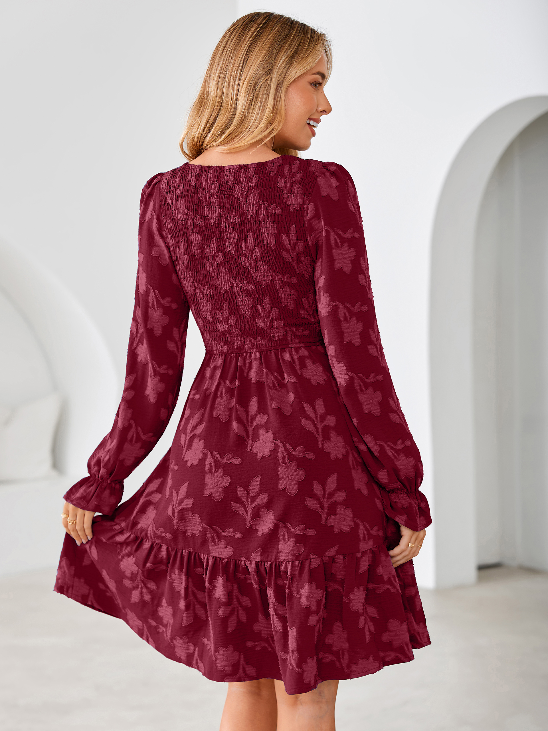 Burnout Leaf Smocked Bodice Long Sleeve Mini Dress