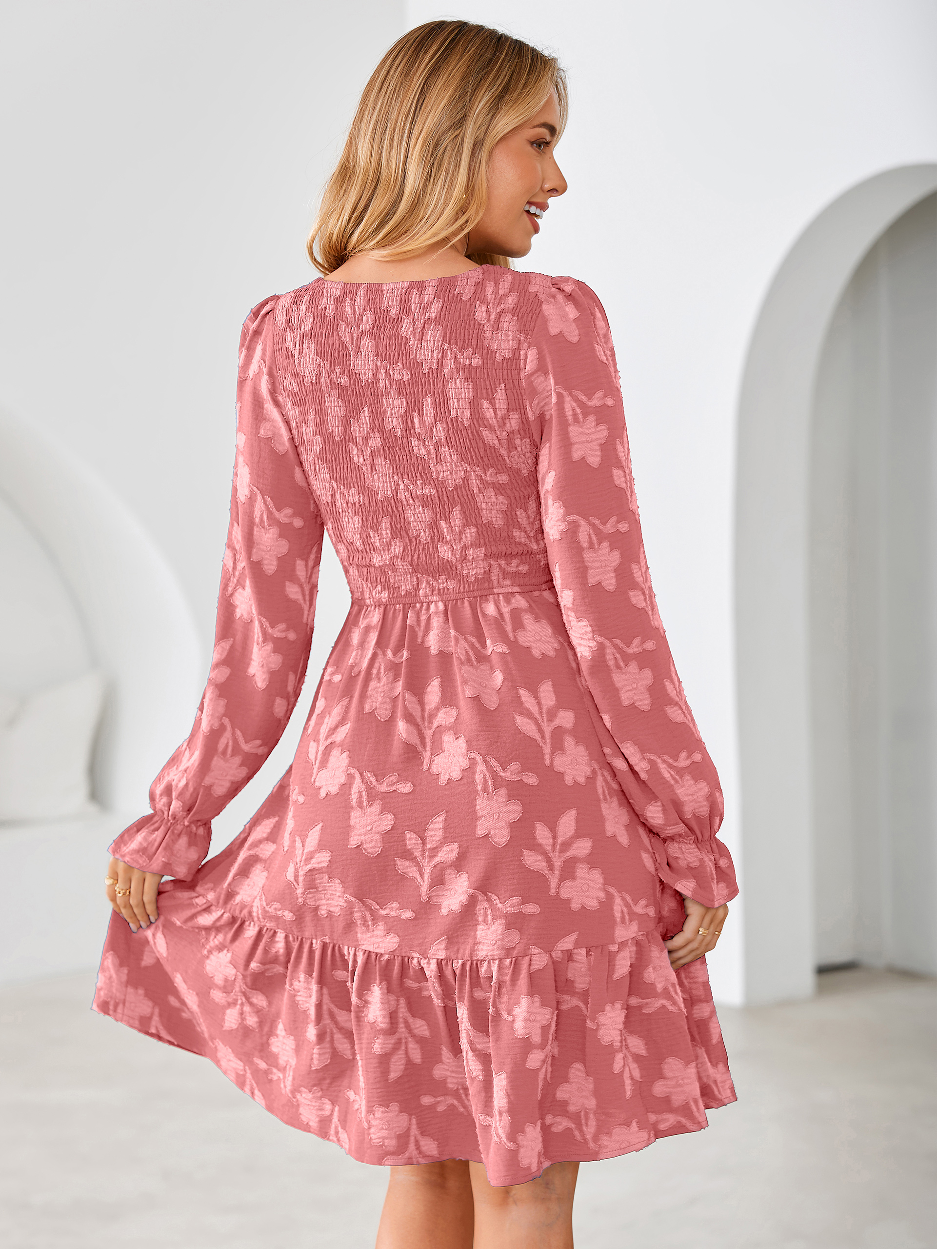 Burnout Leaf Smocked Bodice Long Sleeve Mini Dress