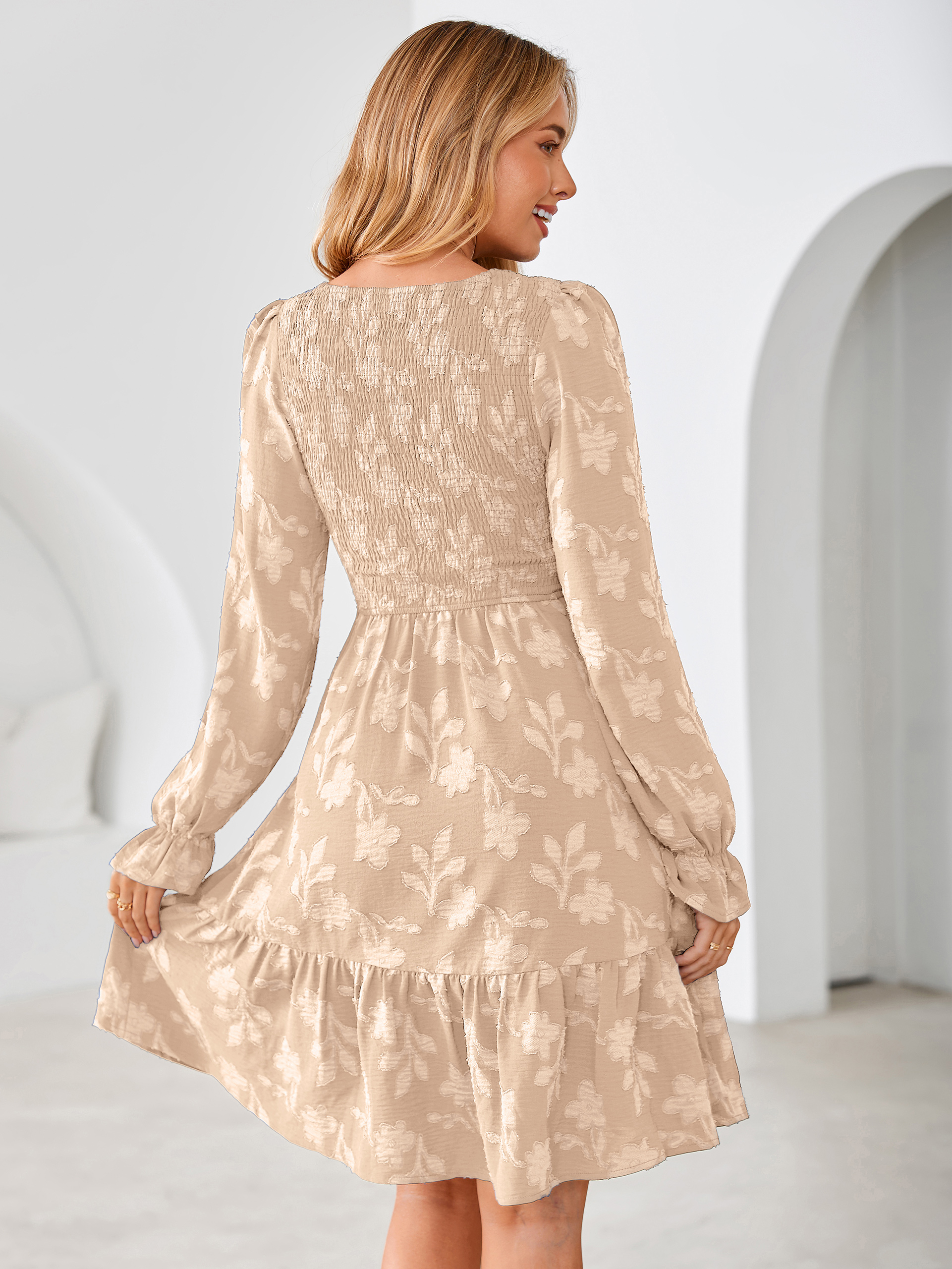 Burnout Leaf Smocked Bodice Long Sleeve Mini Dress