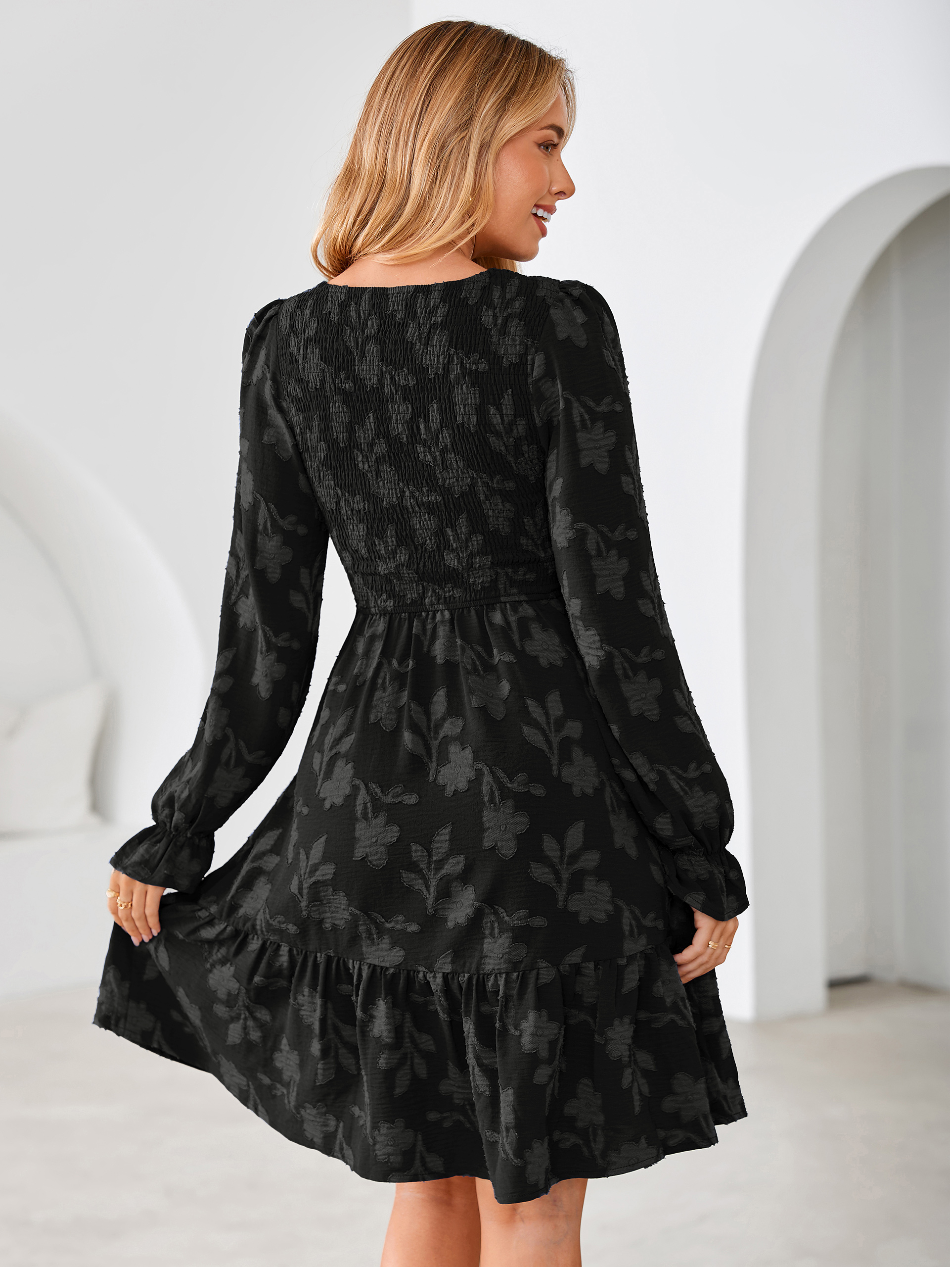 Burnout Leaf Smocked Bodice Long Sleeve Mini Dress
