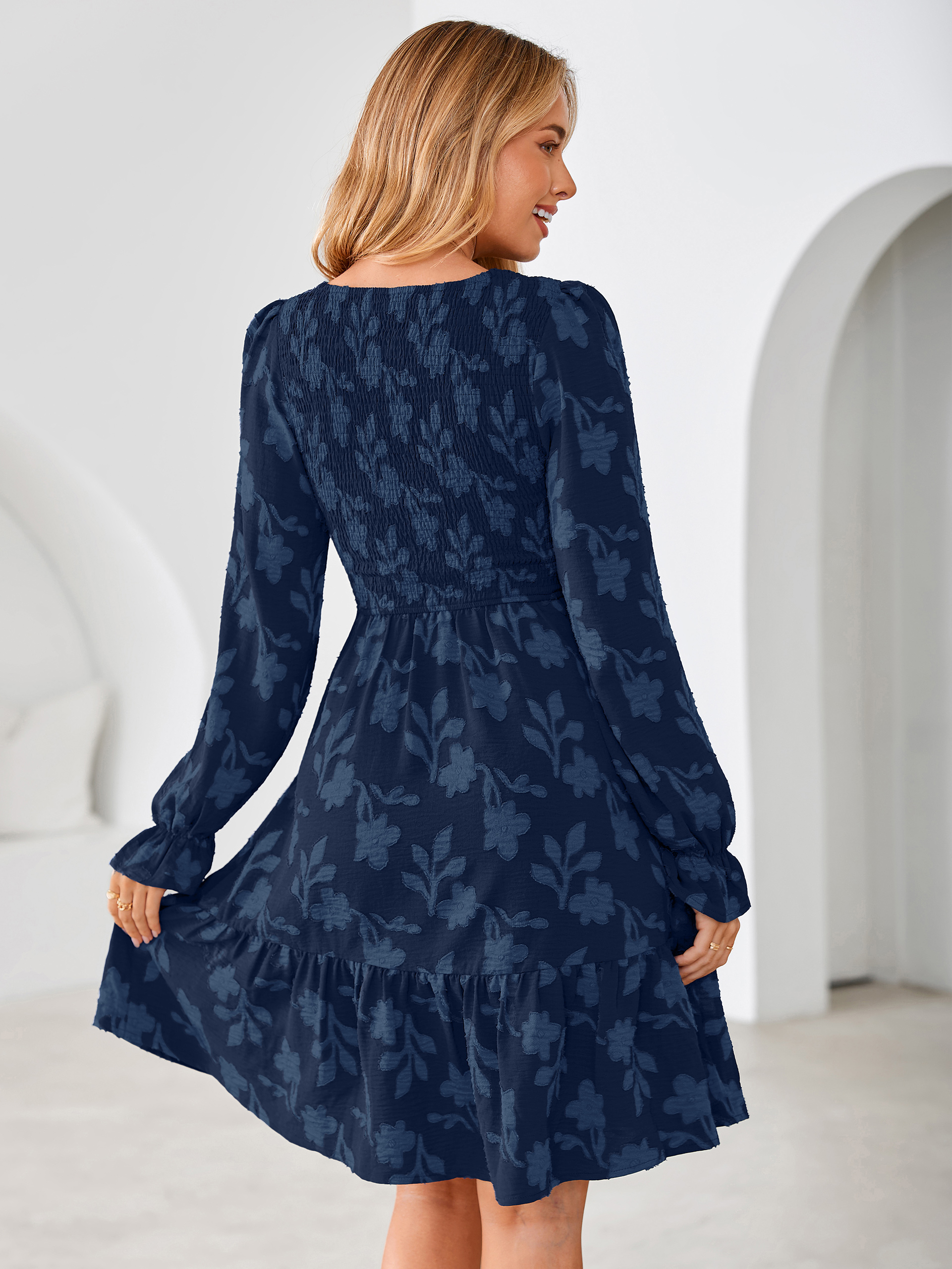 Burnout Leaf Smocked Bodice Long Sleeve Mini Dress