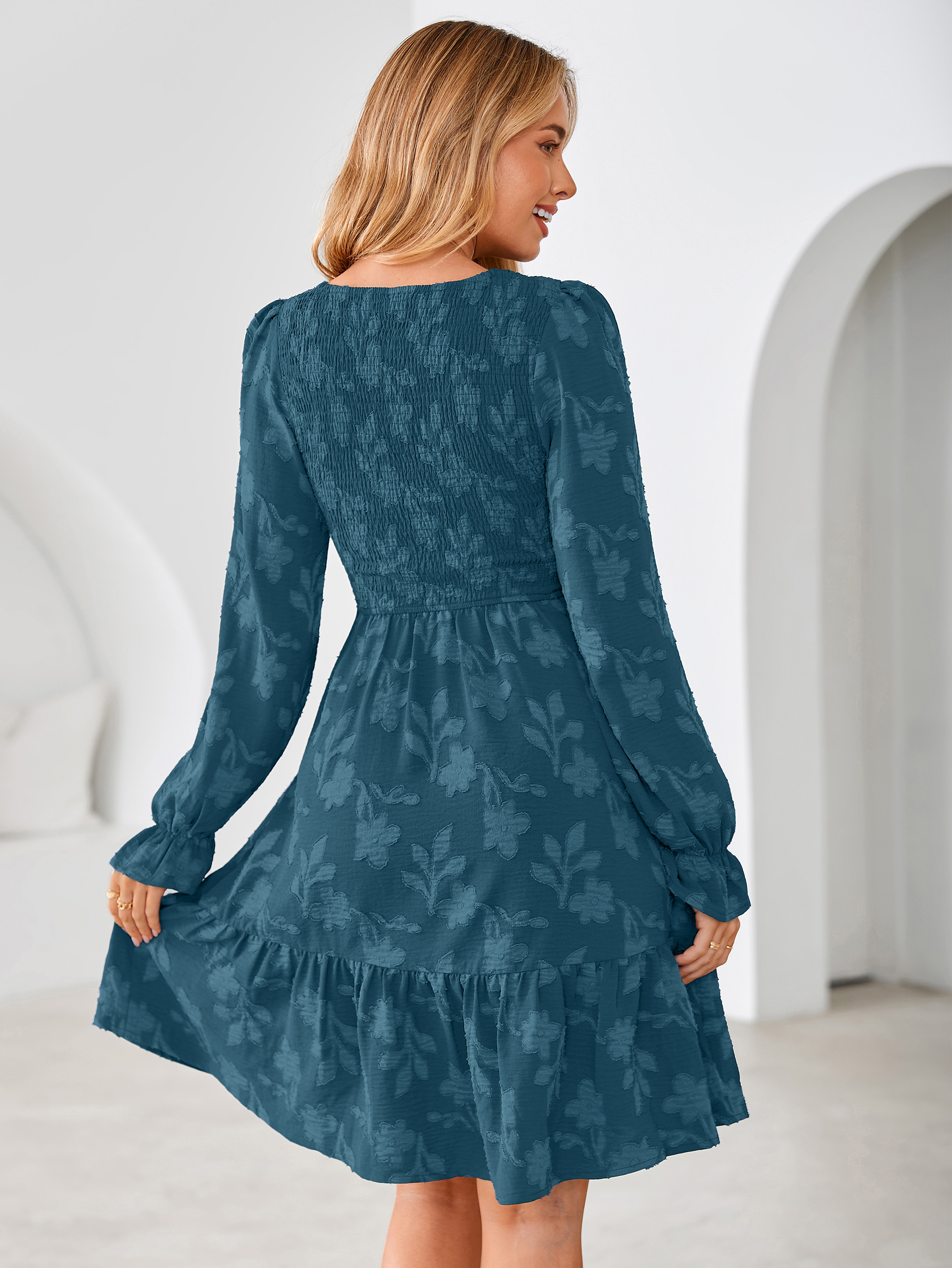 Burnout Leaf Smocked Bodice Long Sleeve Mini Dress