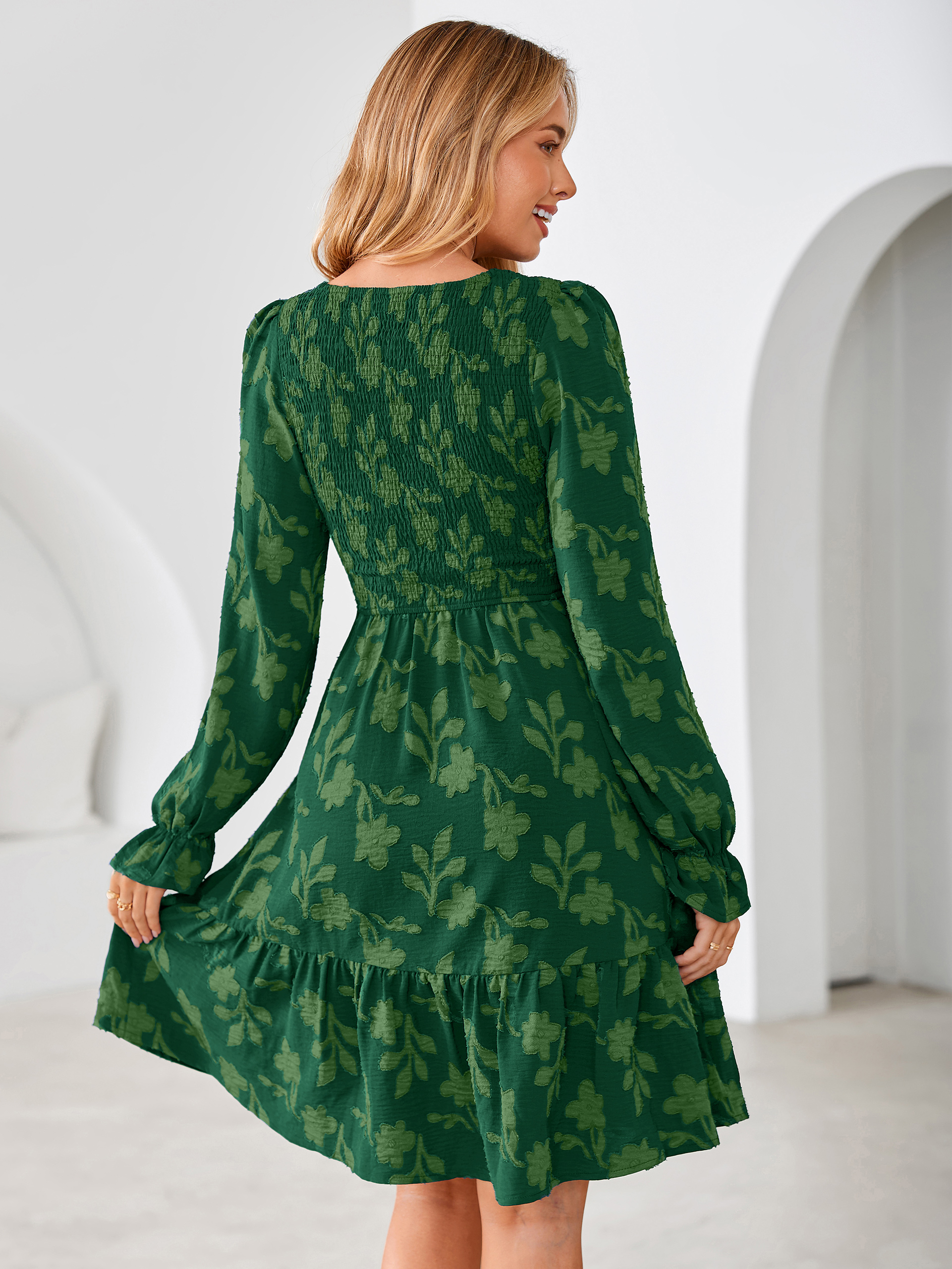 Burnout Leaf Smocked Bodice Long Sleeve Mini Dress