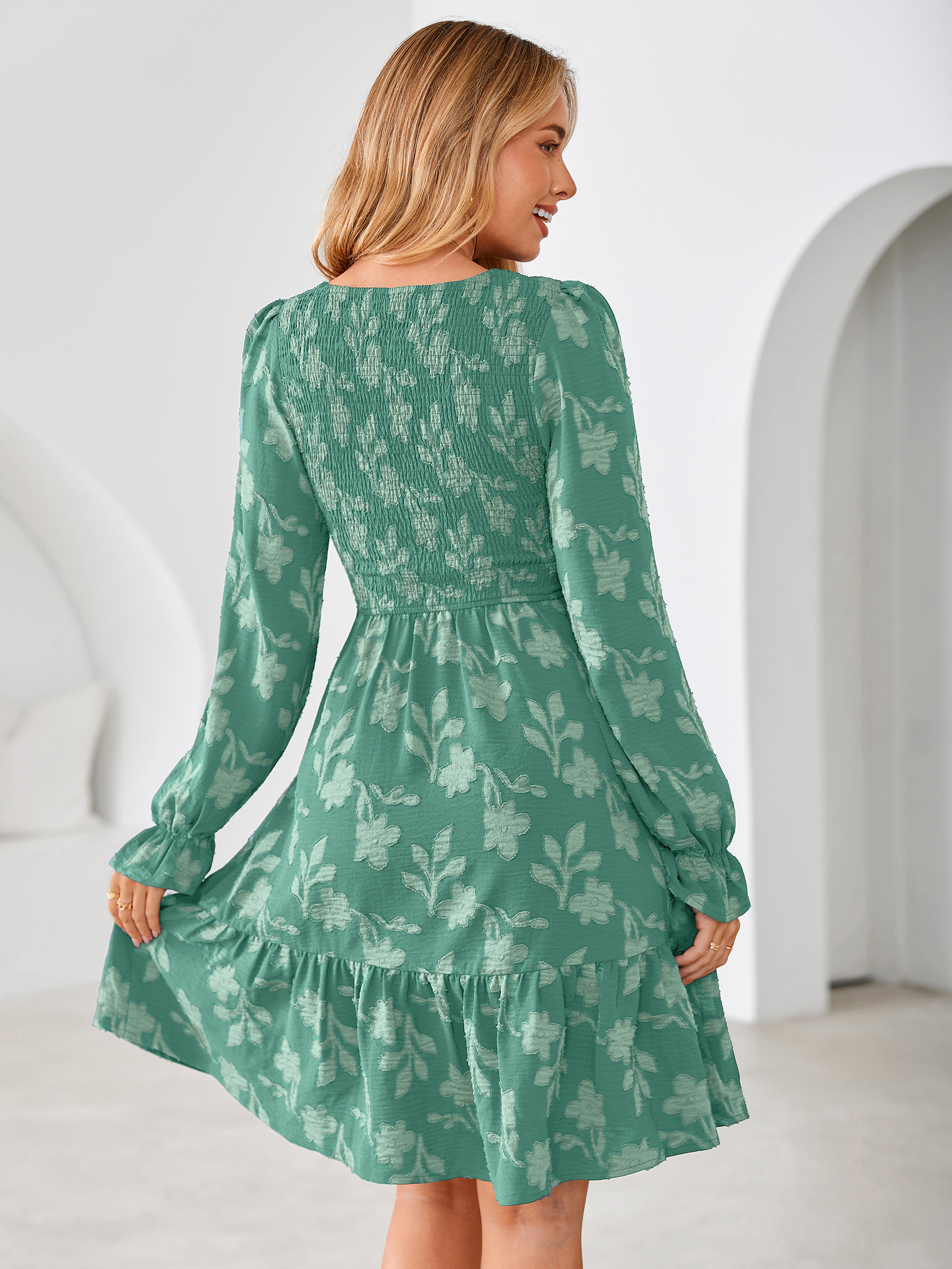 Burnout Leaf Smocked Bodice Long Sleeve Mini Dress