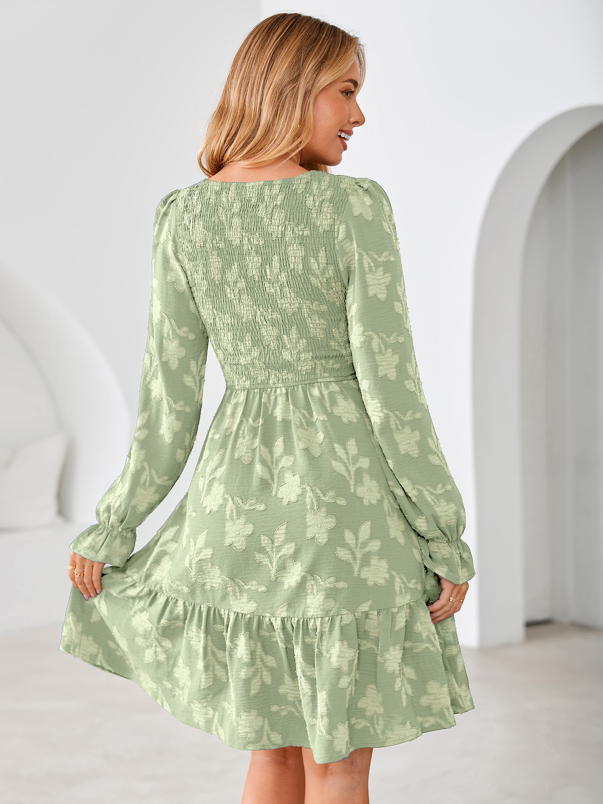 Burnout Leaf Smocked Bodice Long Sleeve Mini Dress
