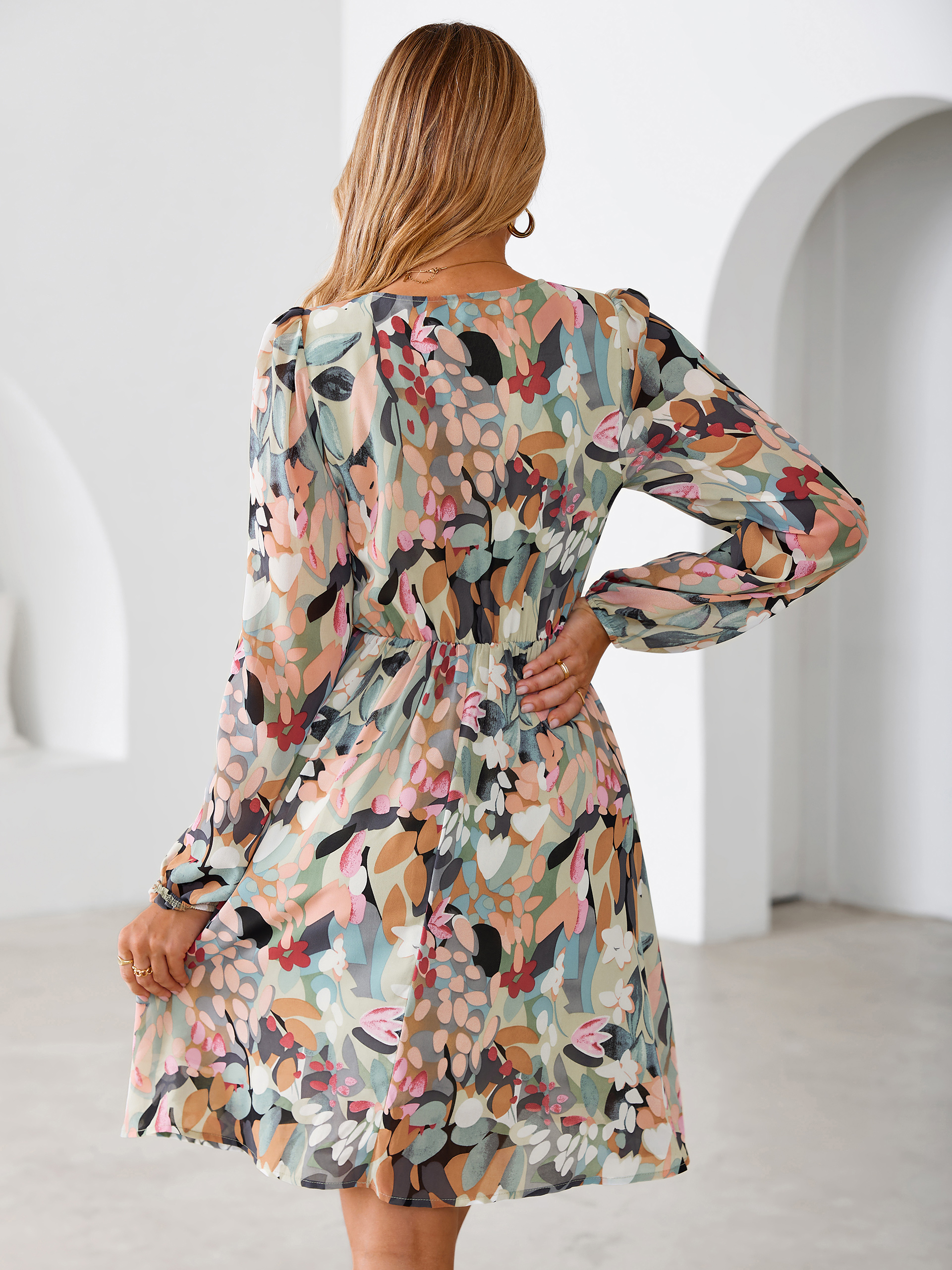 V Neck Floral Chiffon Long Sleeve Mini Dress