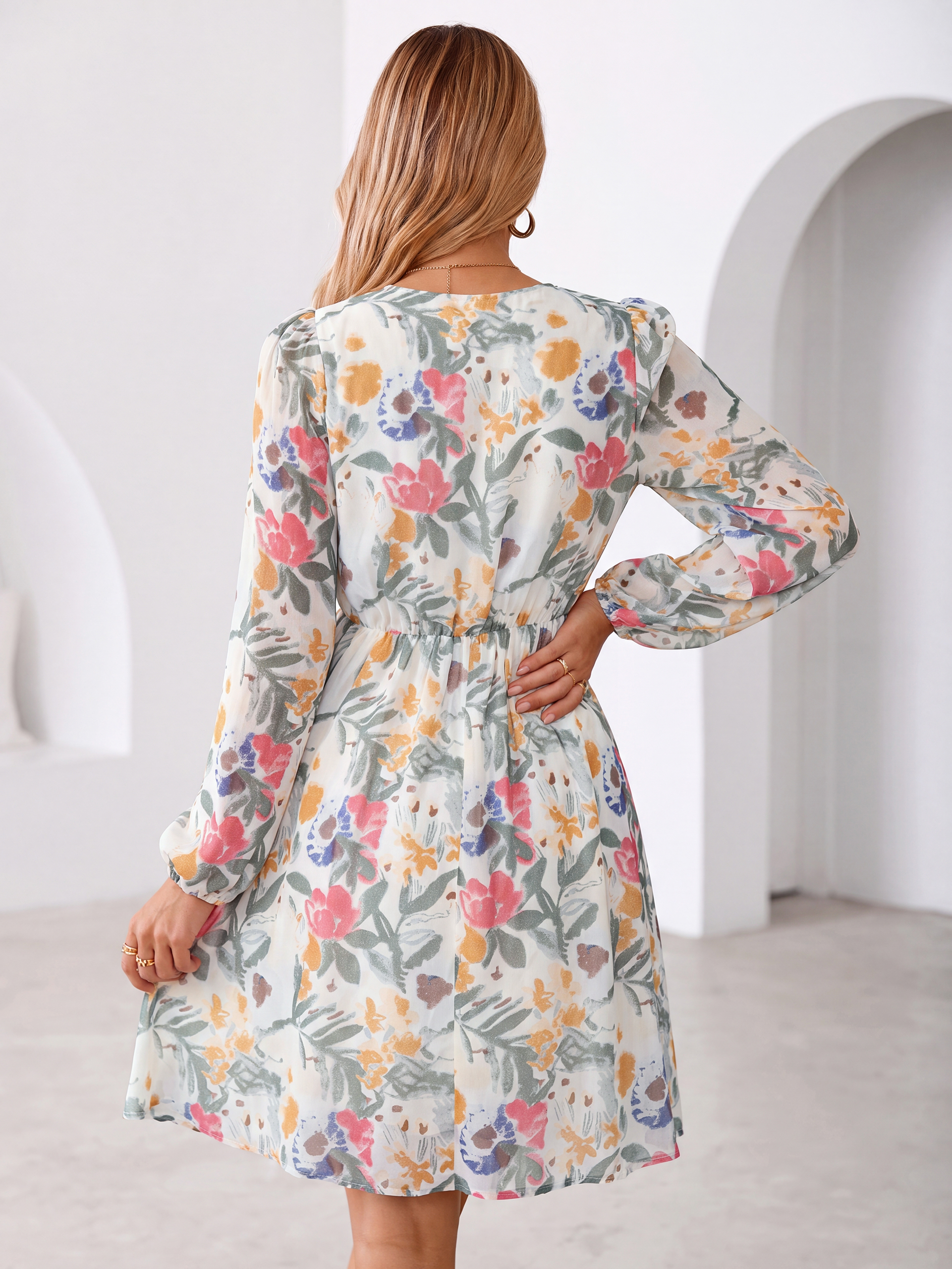 V Neck Floral Chiffon Long Sleeve Mini Dress