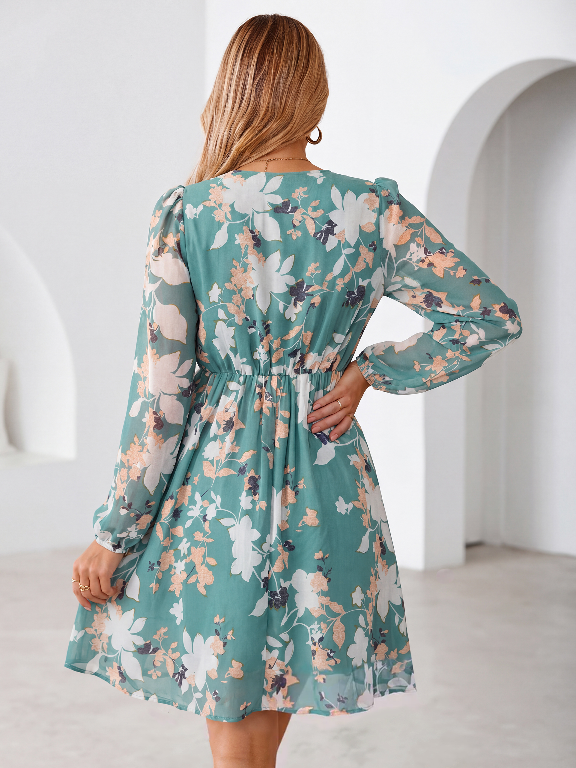 V Neck Floral Chiffon Long Sleeve Mini Dress
