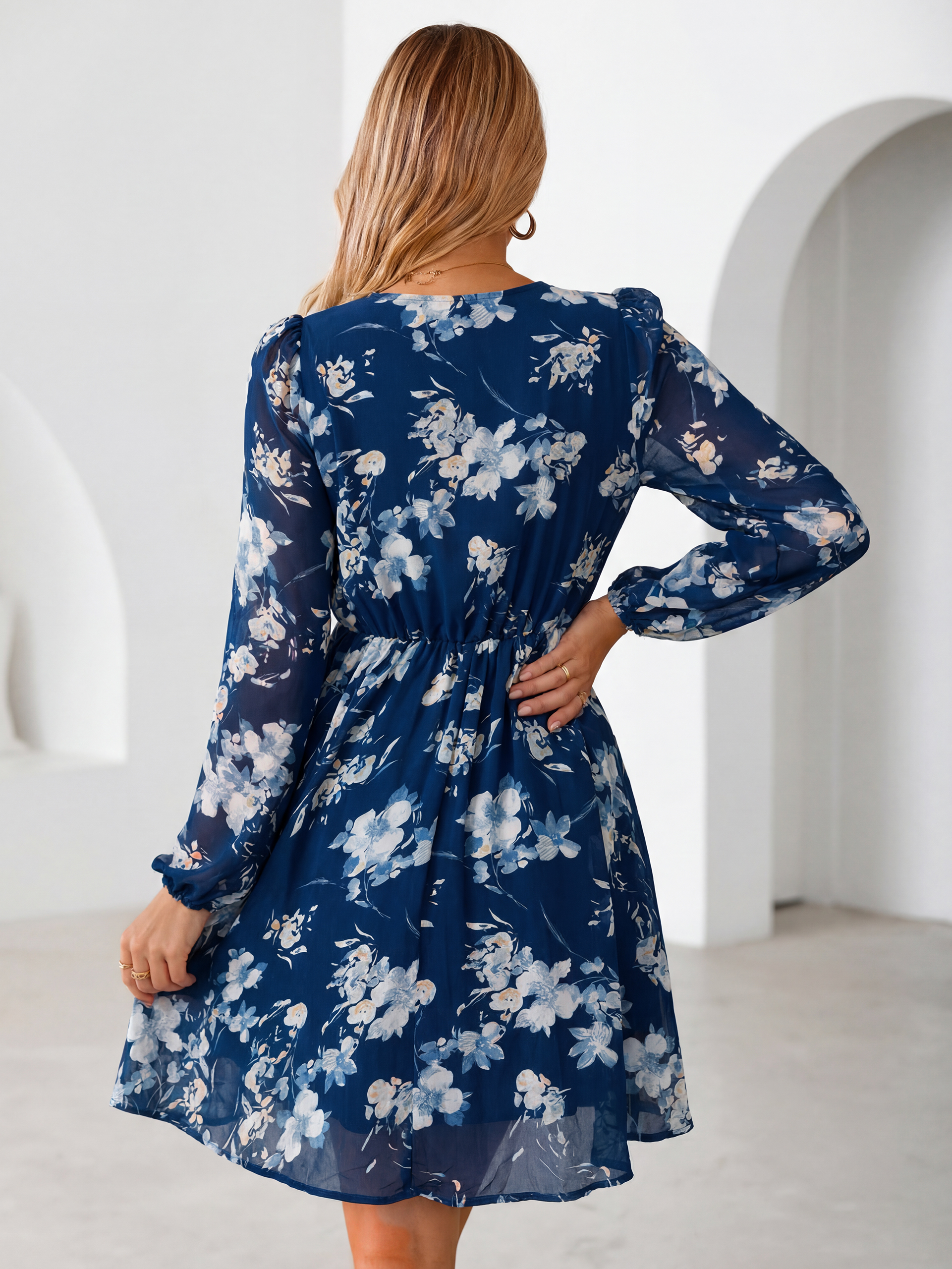 V Neck Floral Chiffon Long Sleeve Mini Dress
