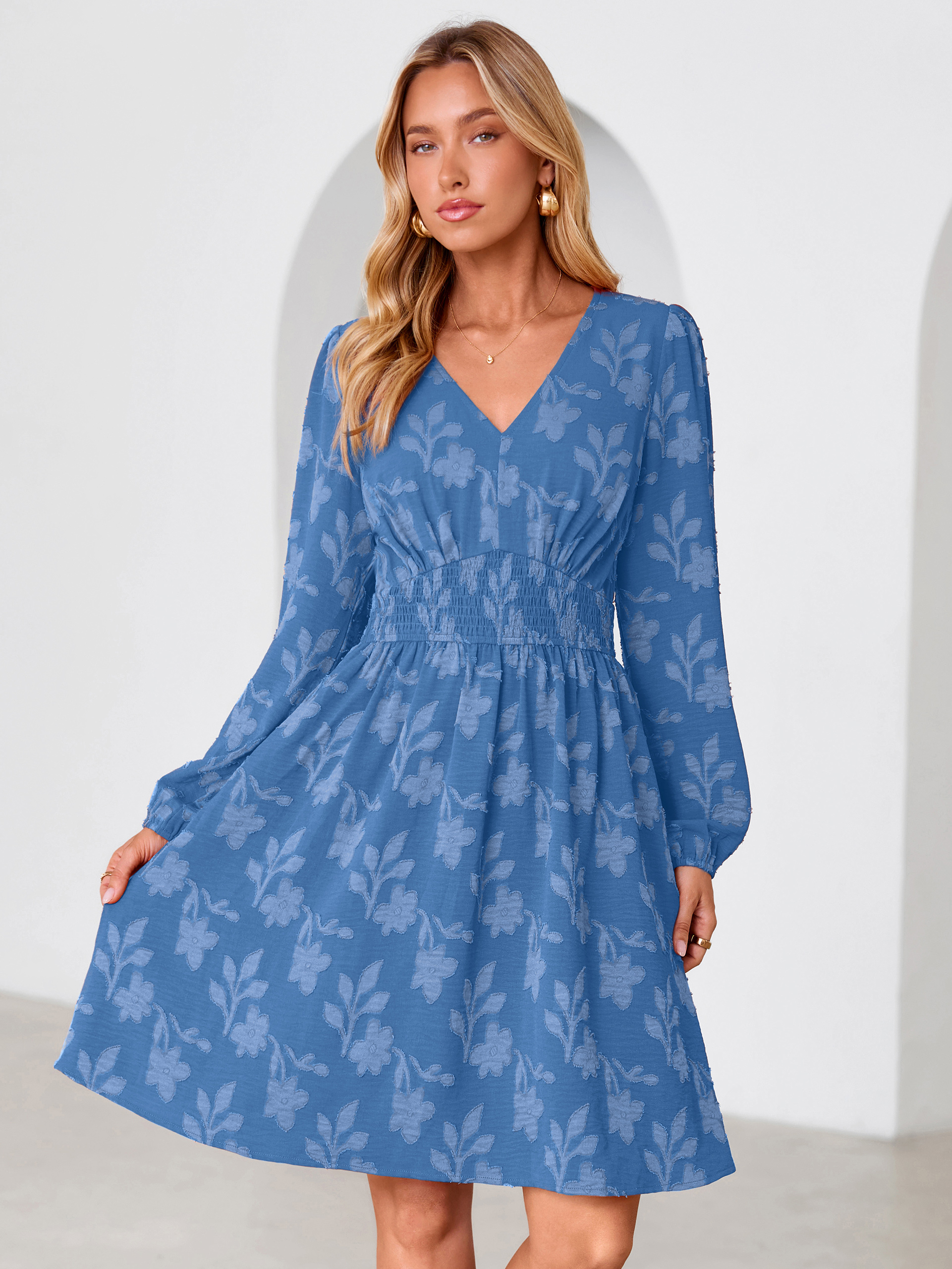 Burnout Floral Smocked V Neck Mini Dress