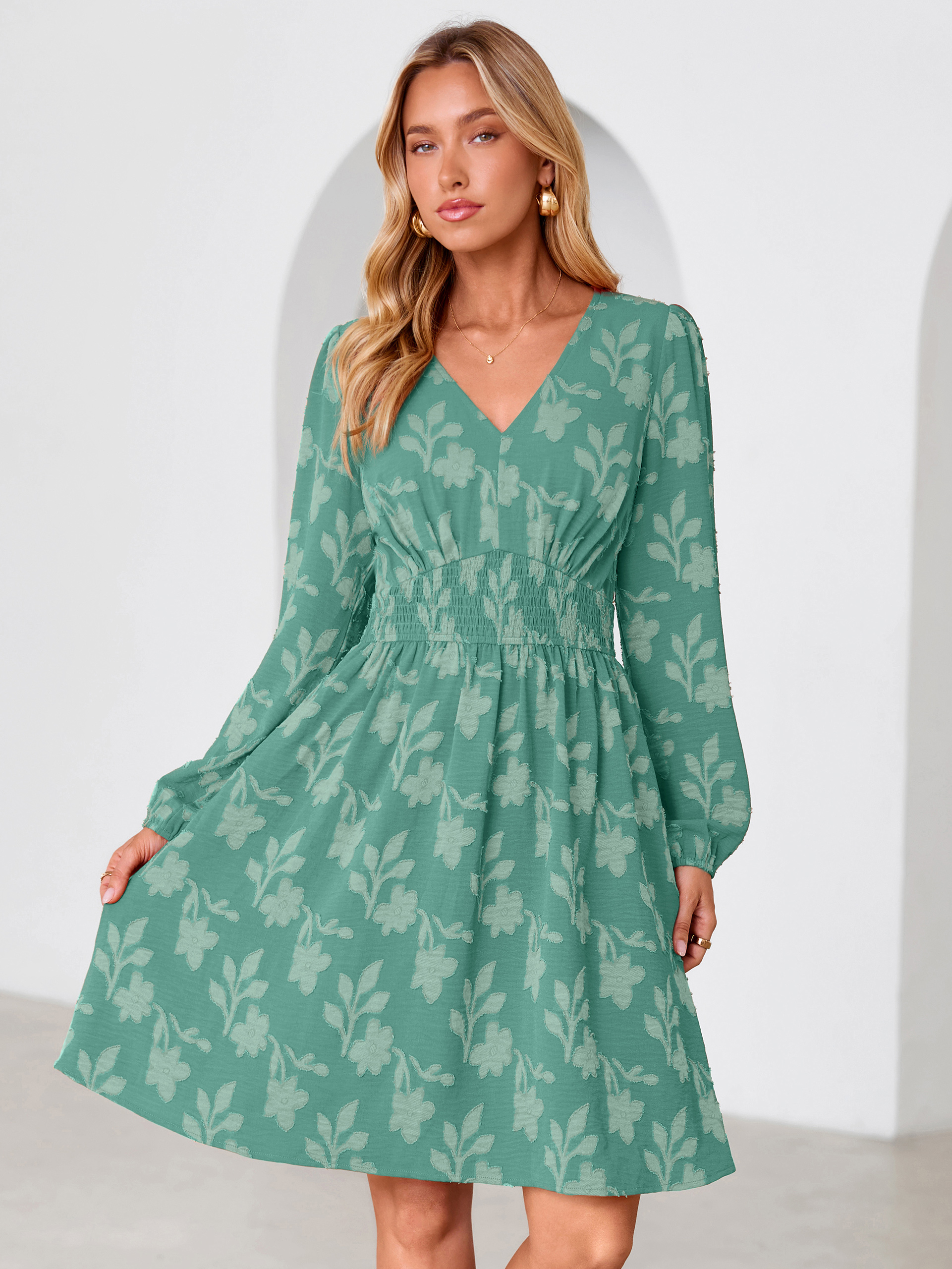 Burnout Floral Smocked V Neck Mini Dress