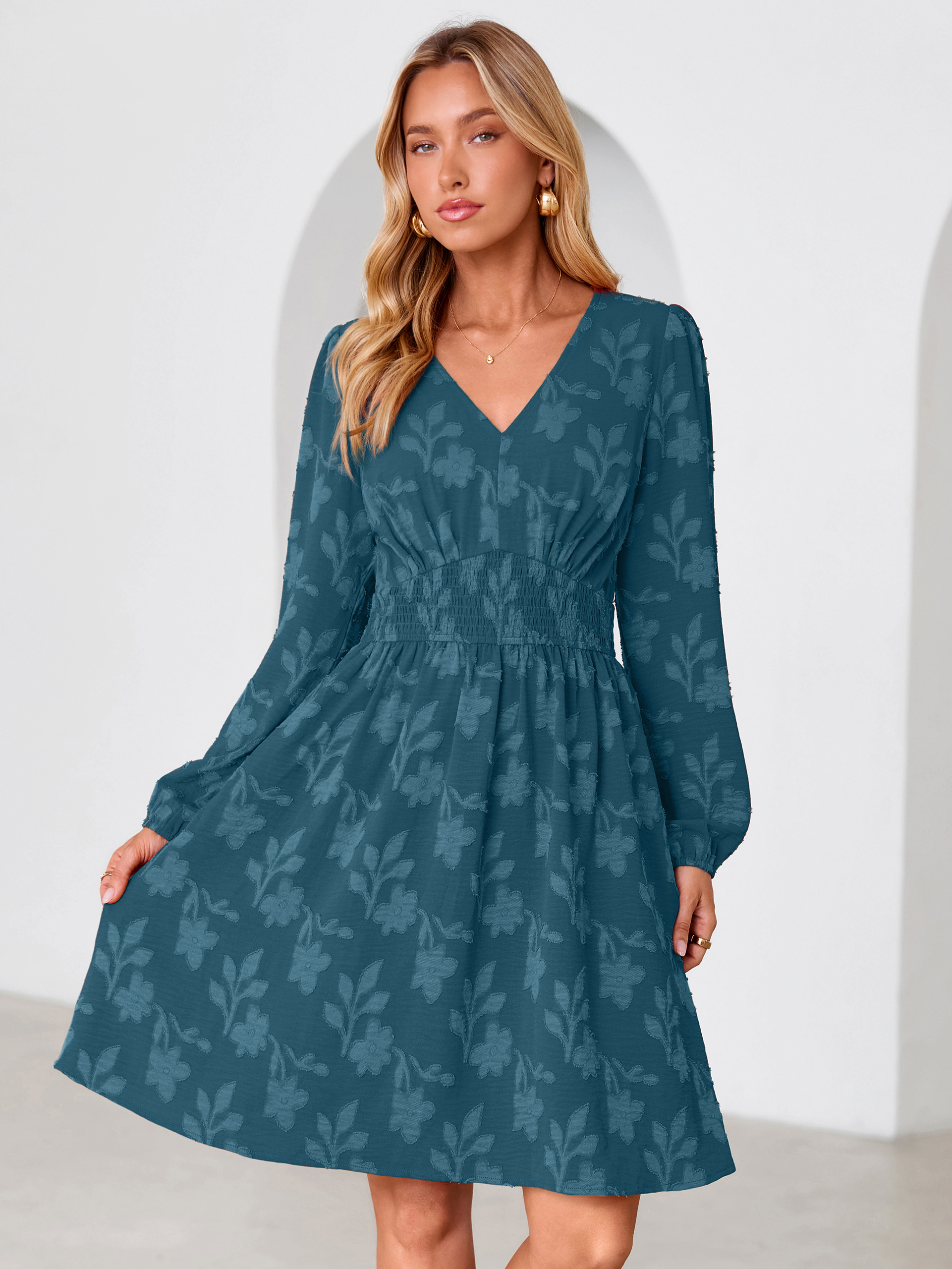 Burnout Floral Smocked V Neck Mini Dress