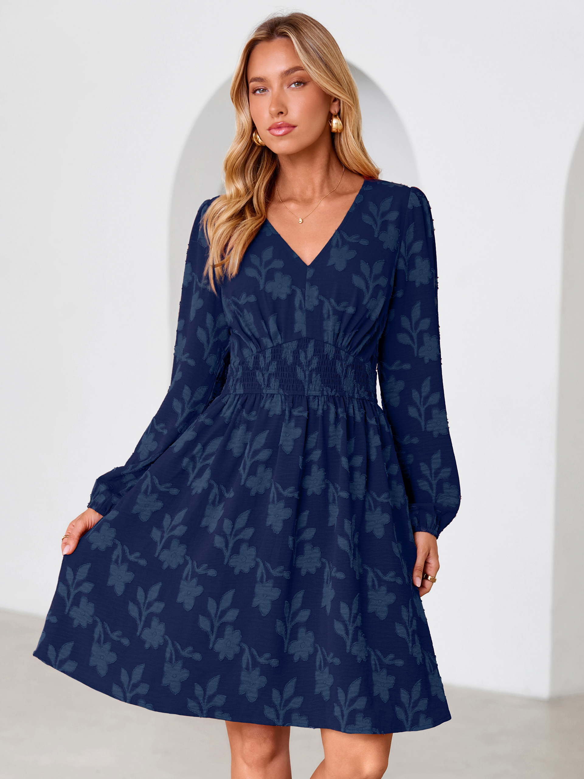 Burnout Floral Smocked V Neck Mini Dress