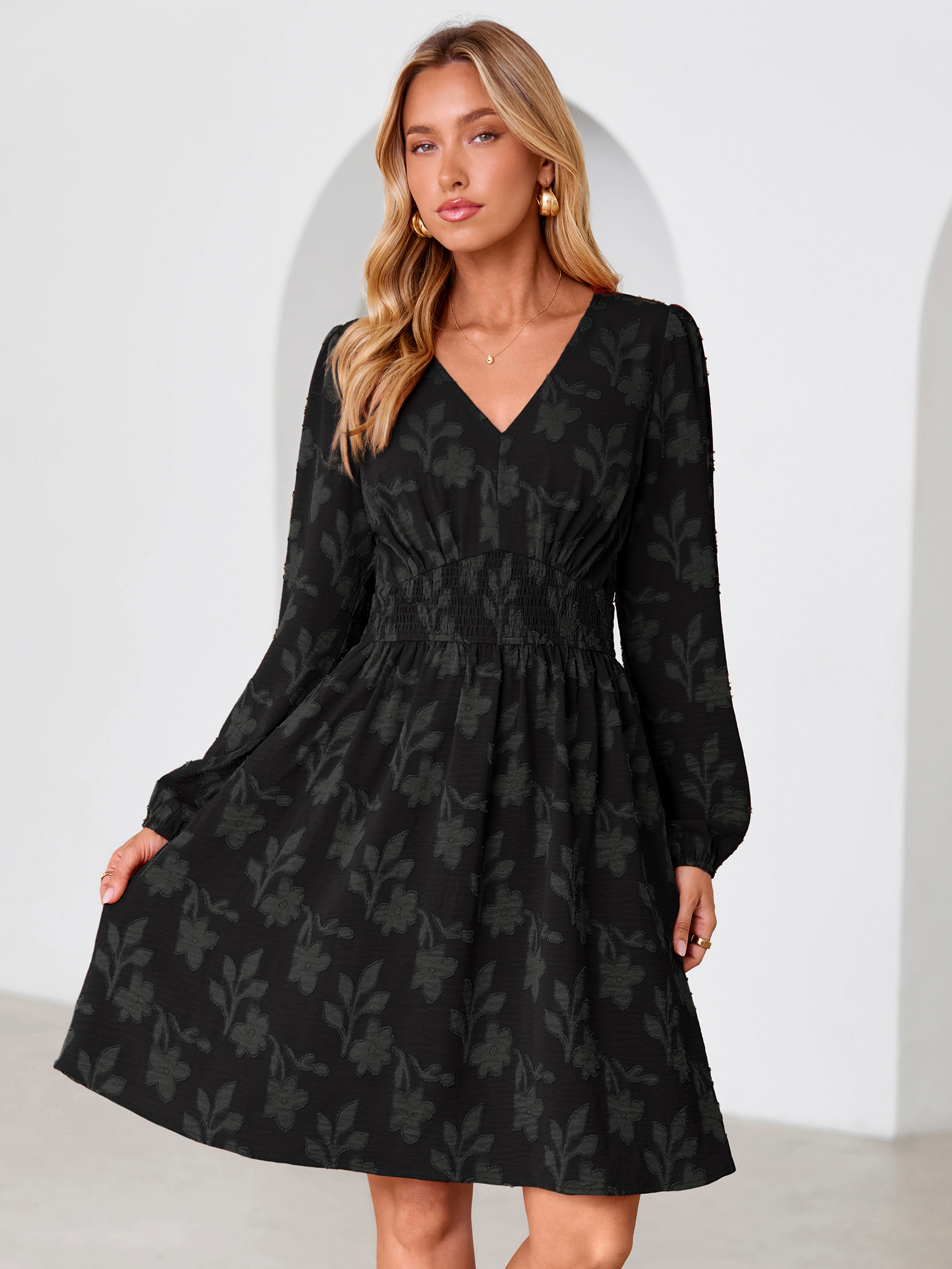 Burnout Floral Smocked V Neck Mini Dress