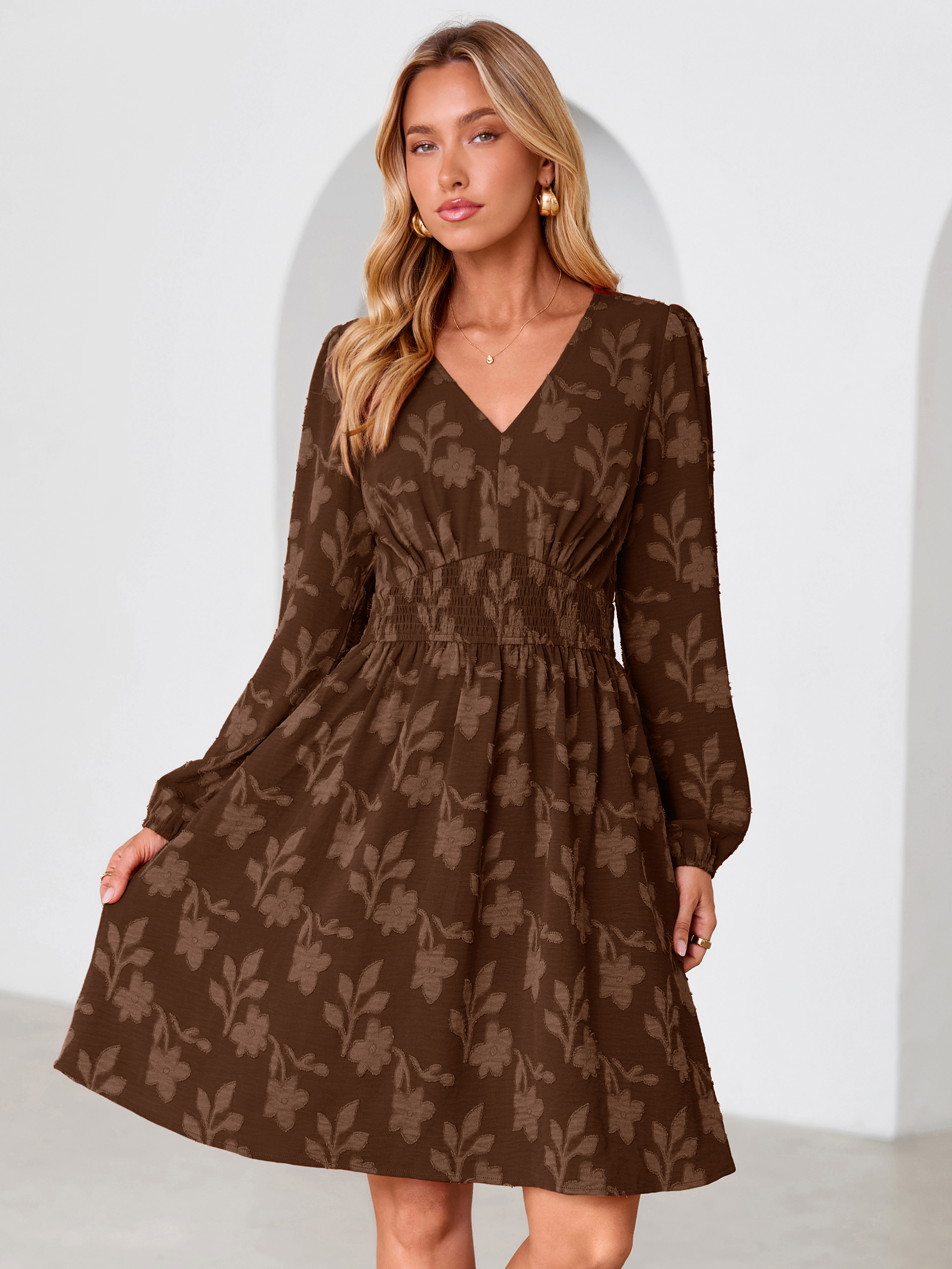 Burnout Floral Smocked V Neck Mini Dress
