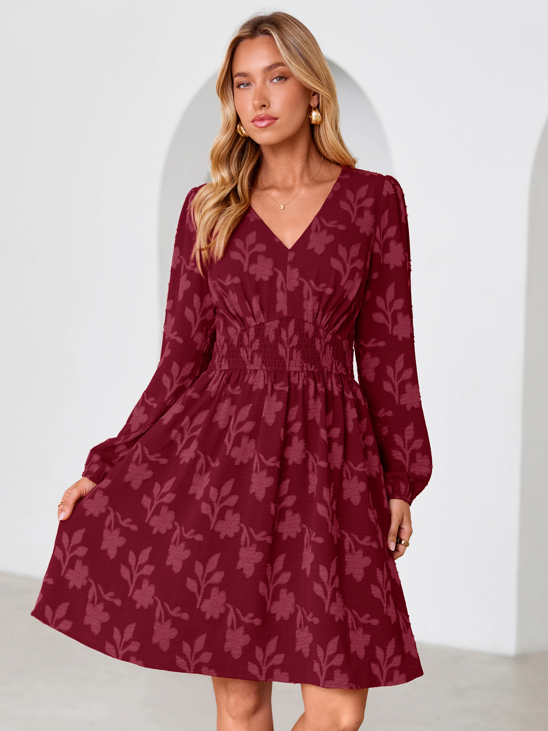Burnout Floral Smocked V Neck Mini Dress
