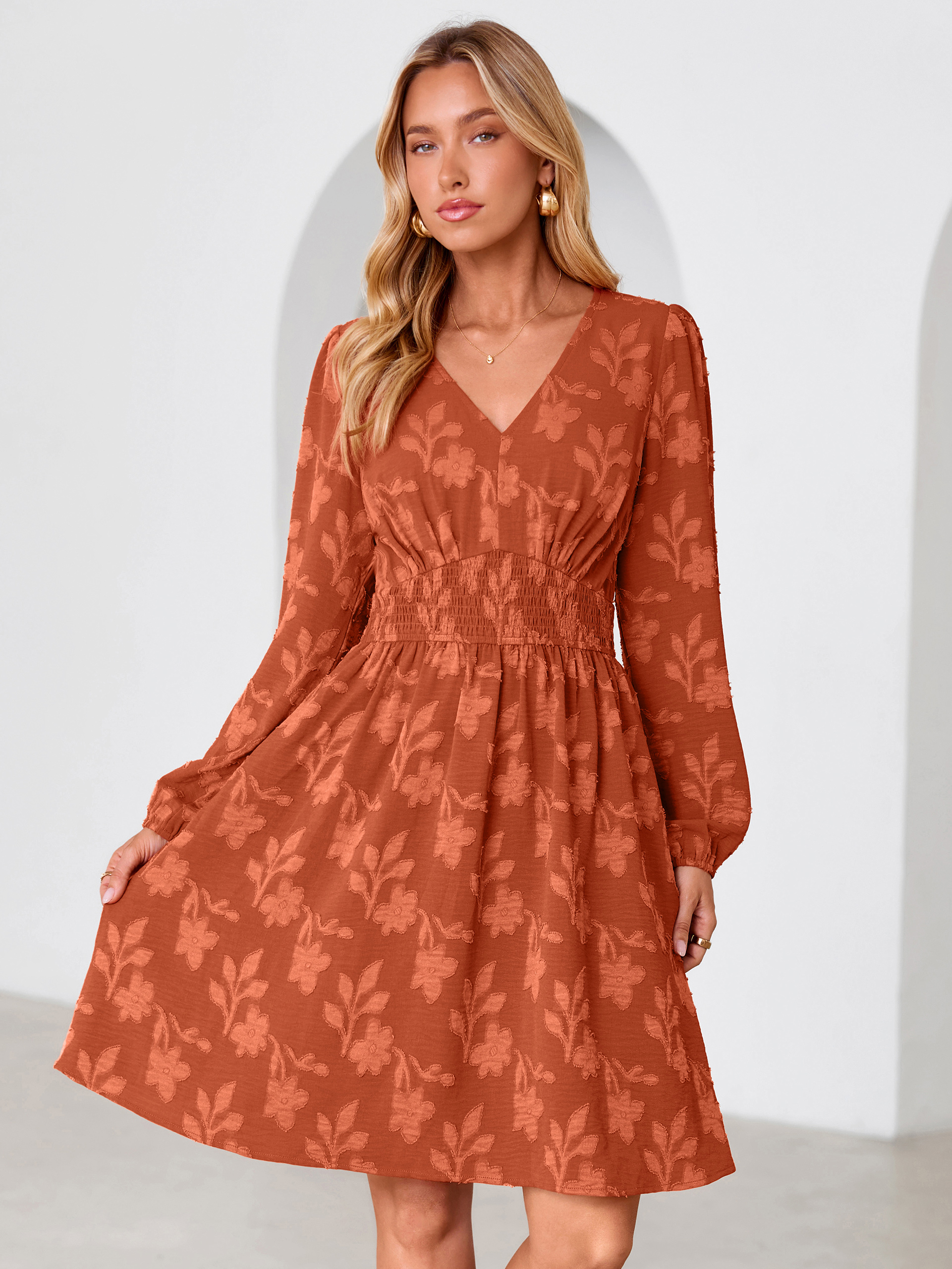 Burnout Floral Smocked V Neck Mini Dress