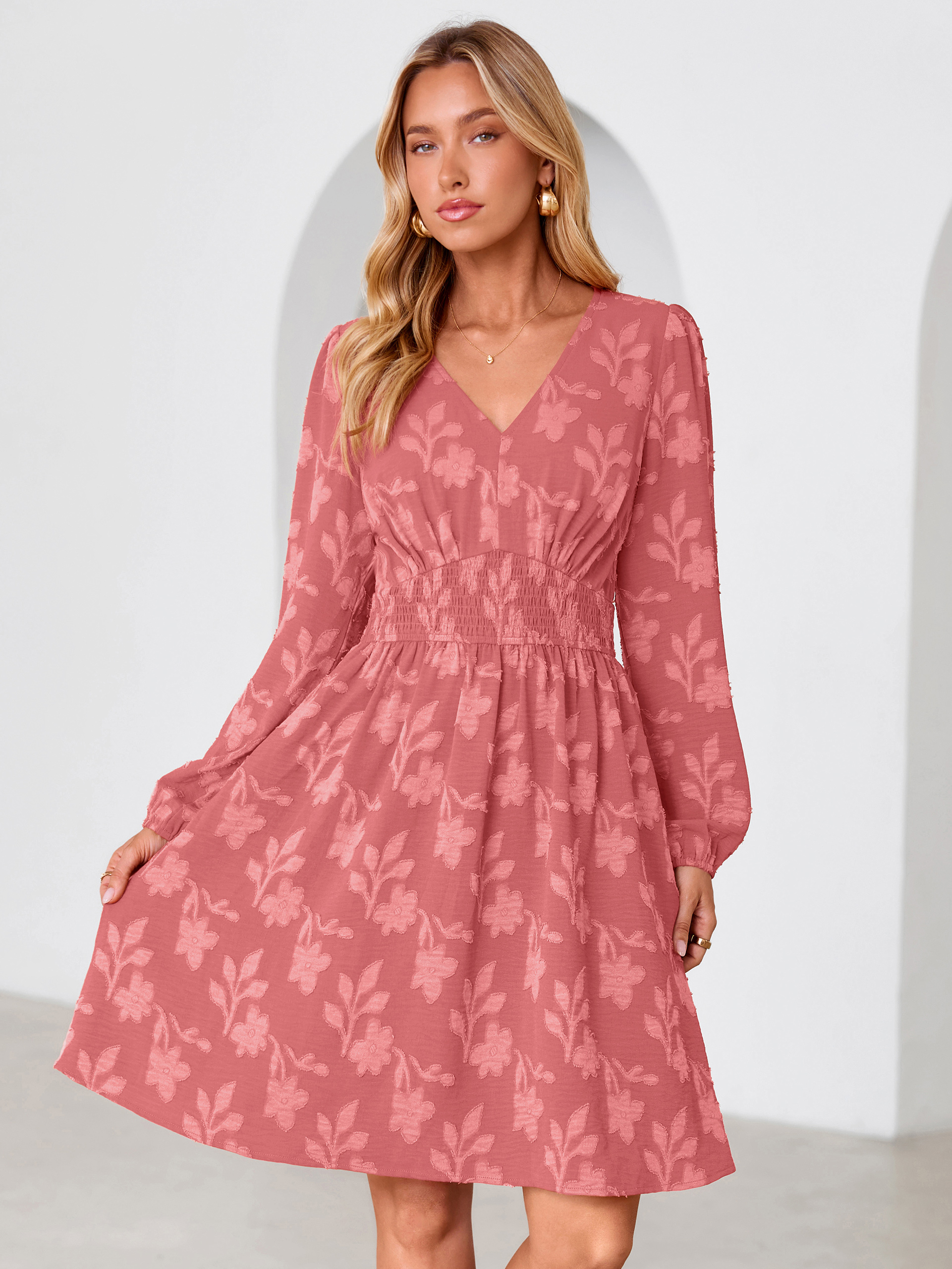 Burnout Floral Smocked V Neck Mini Dress
