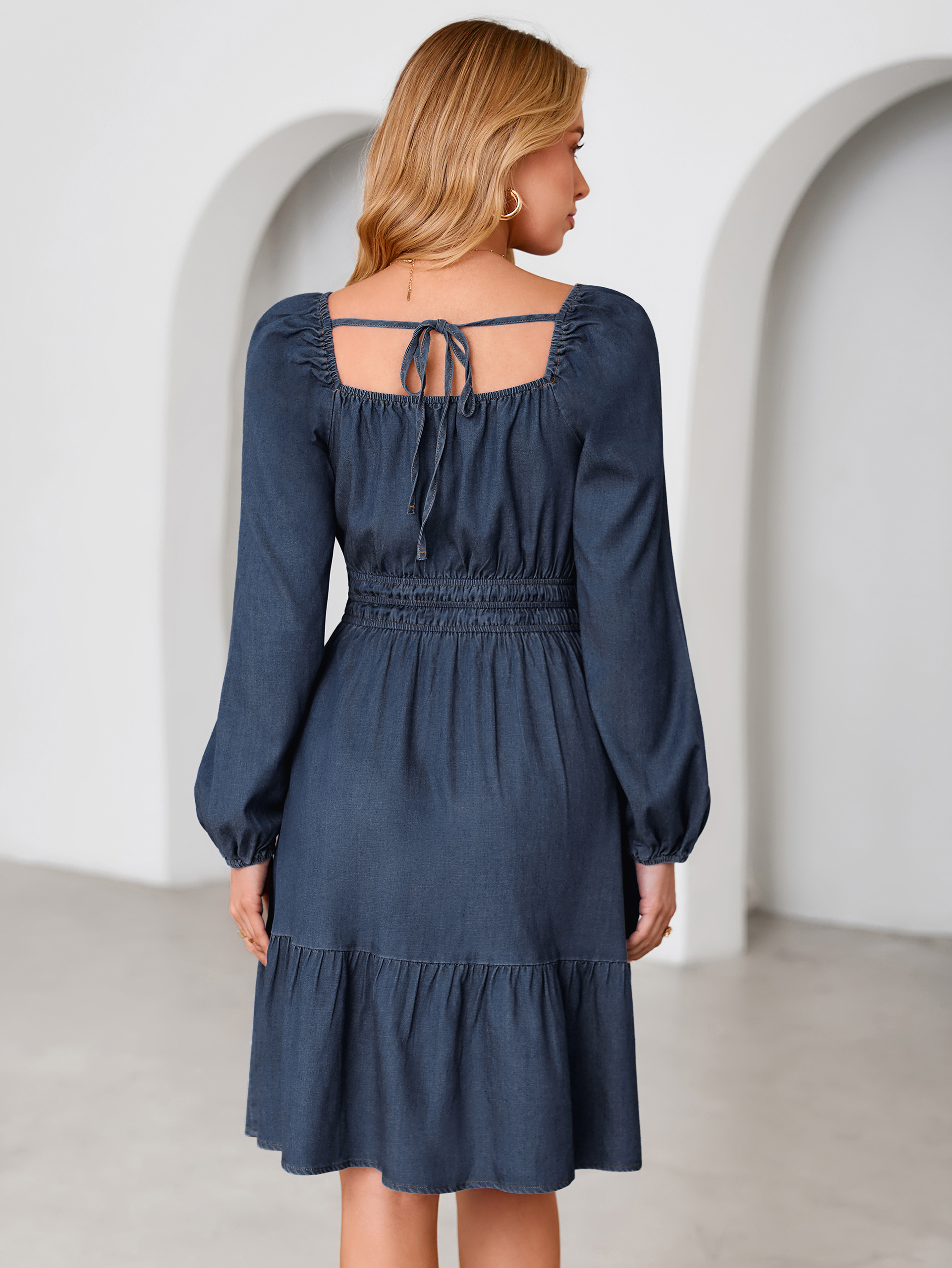 Square Neck Long Sleeve Lyocell Denim Mini Dress