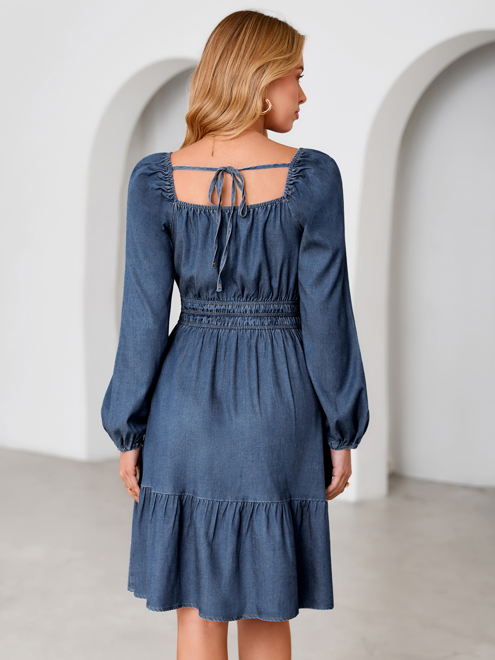 Square Neck Long Sleeve Lyocell Denim Mini Dress