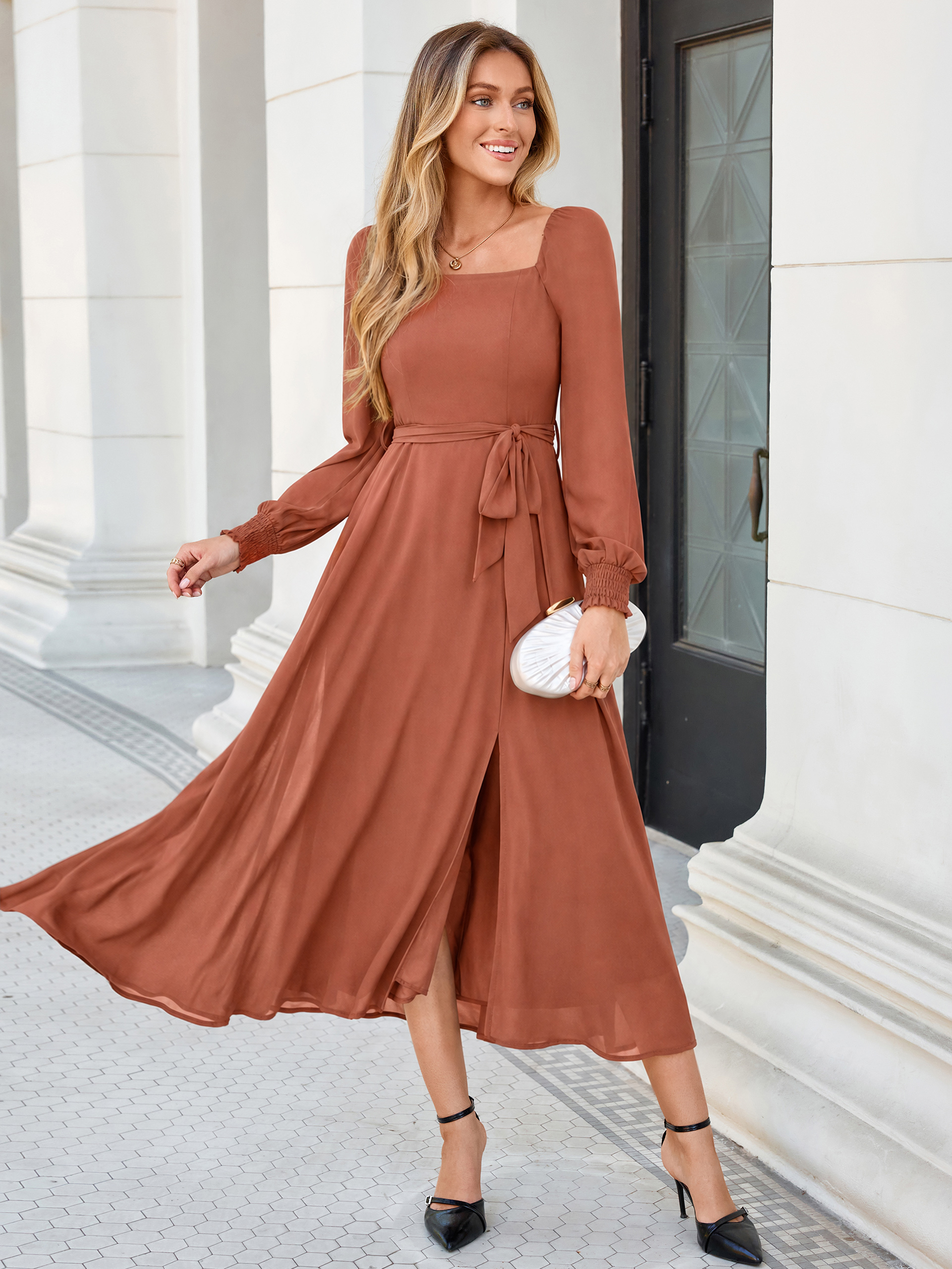 Square Neck Long Sleeve Chiffon A-Line Maxi Dress - Rust Red