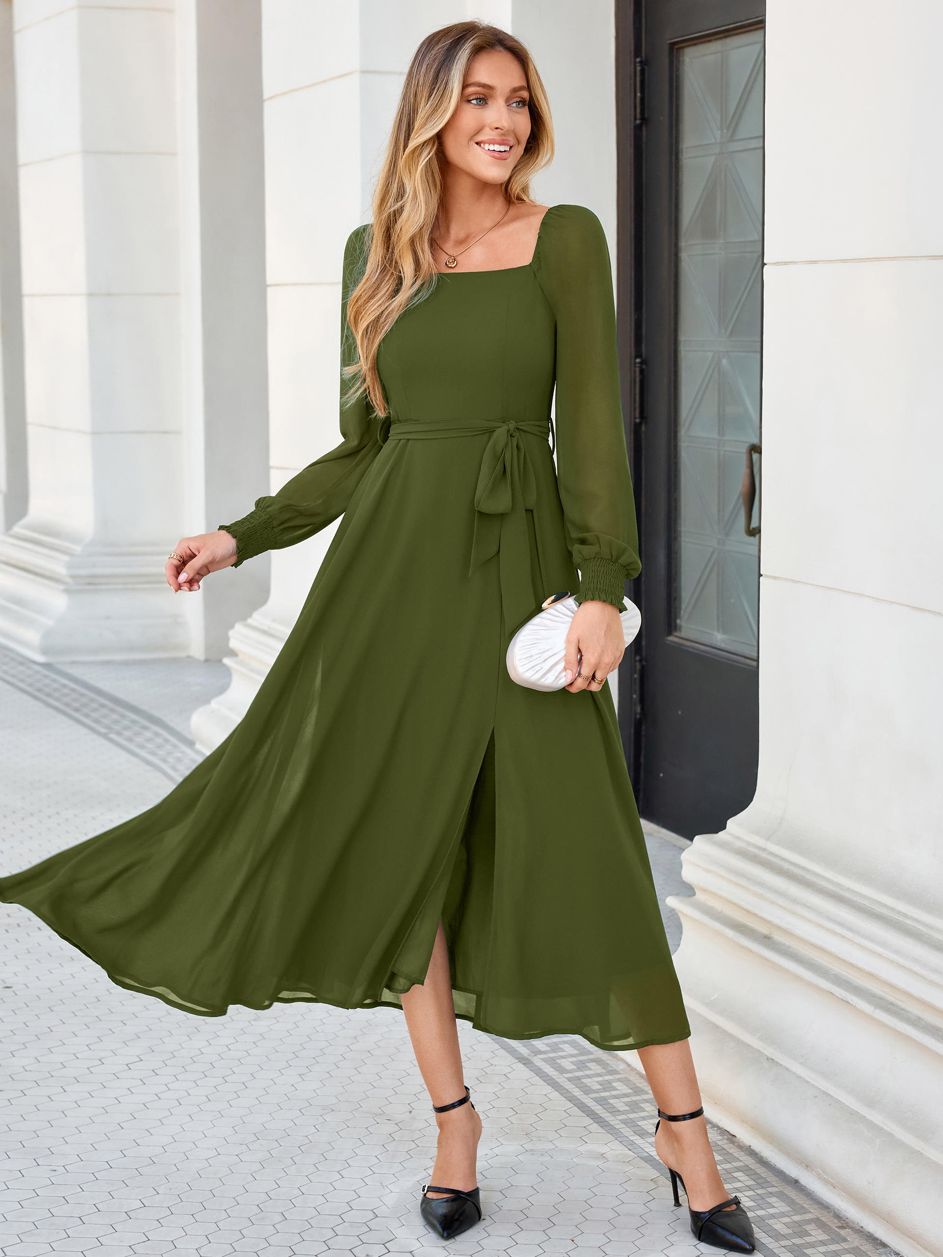 Square Neck Long Sleeve Chiffon A-Line Maxi Dress - Army Green
