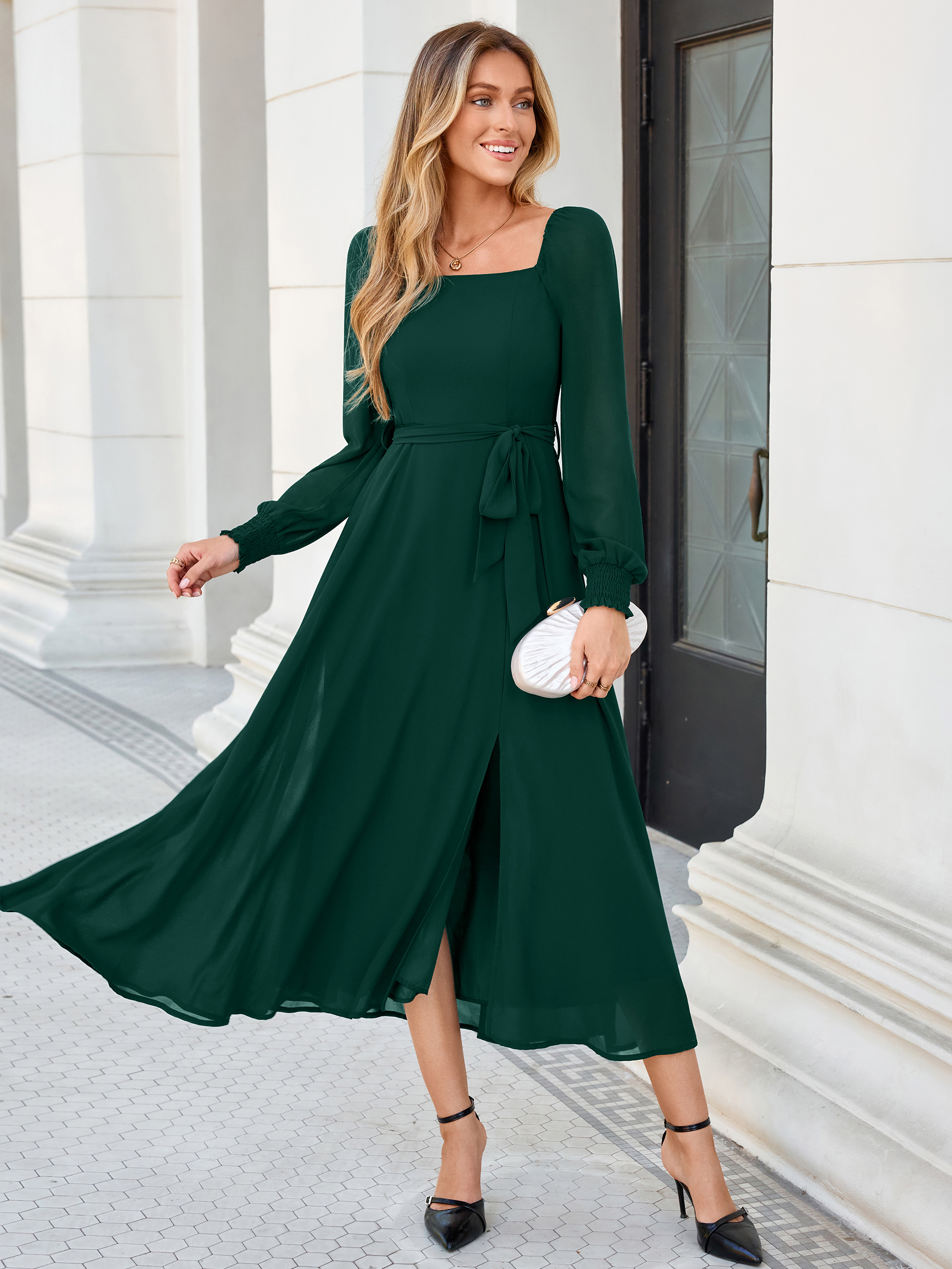 Square Neck Long Sleeve Chiffon A-Line Maxi Dress - Dark Green