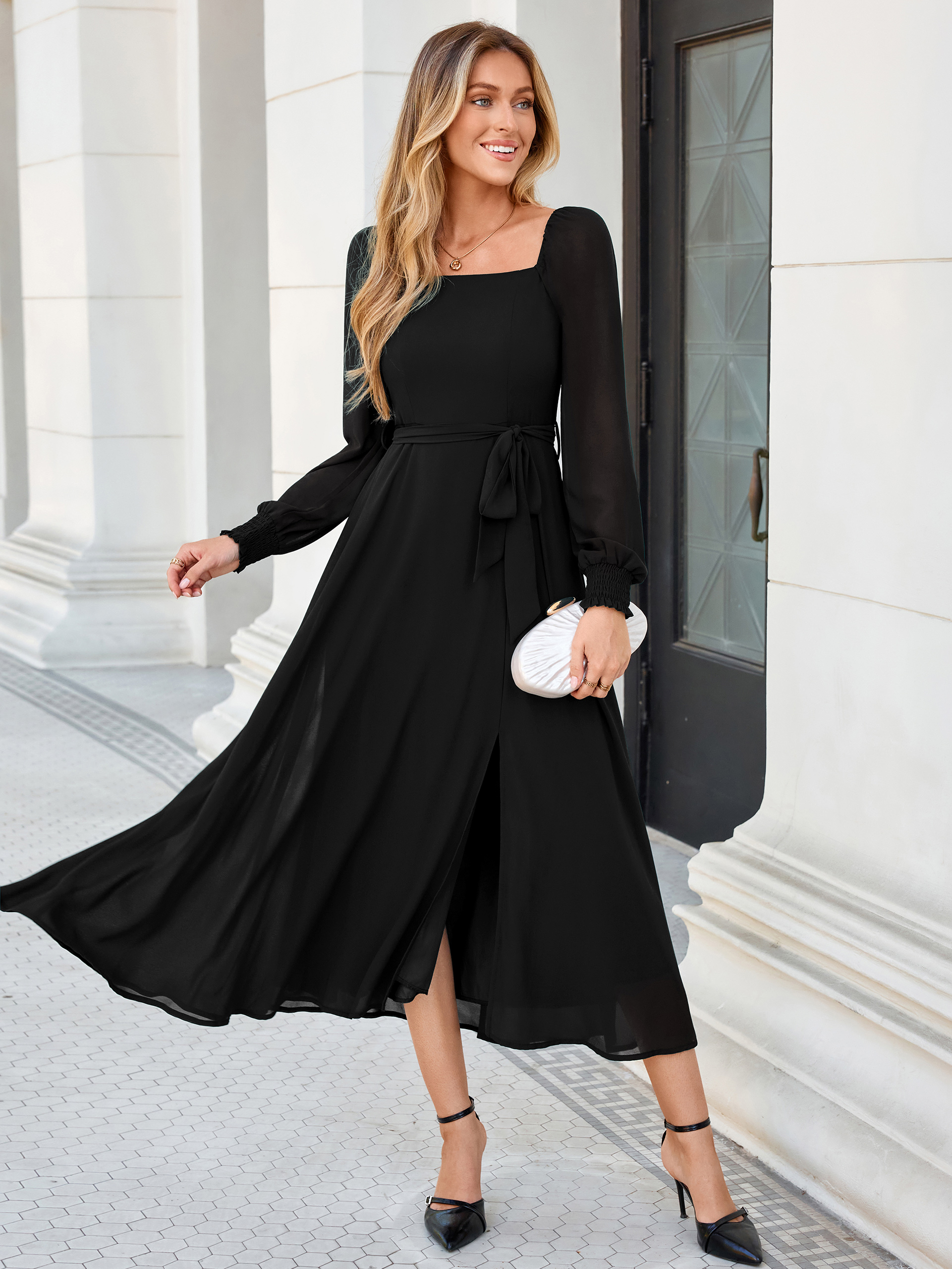 Square Neck Long Sleeve Chiffon A-Line Maxi Dress - Black