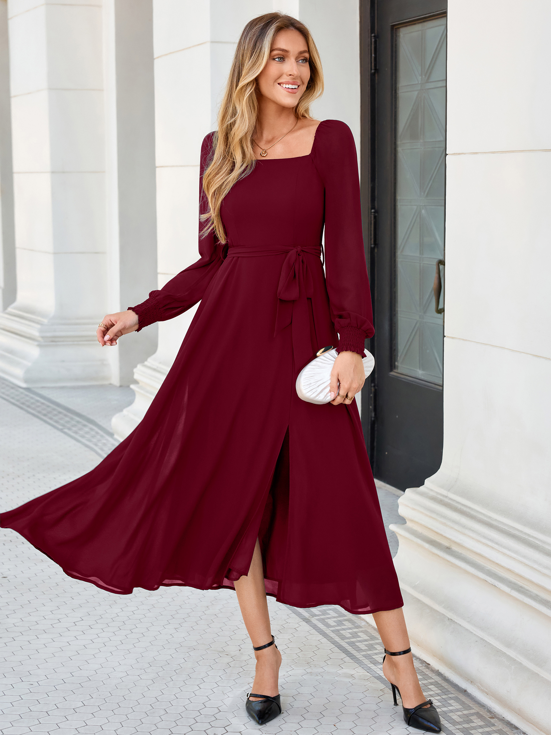 Square Neck Long Sleeve Chiffon A-Line Maxi Dress - Wine Red