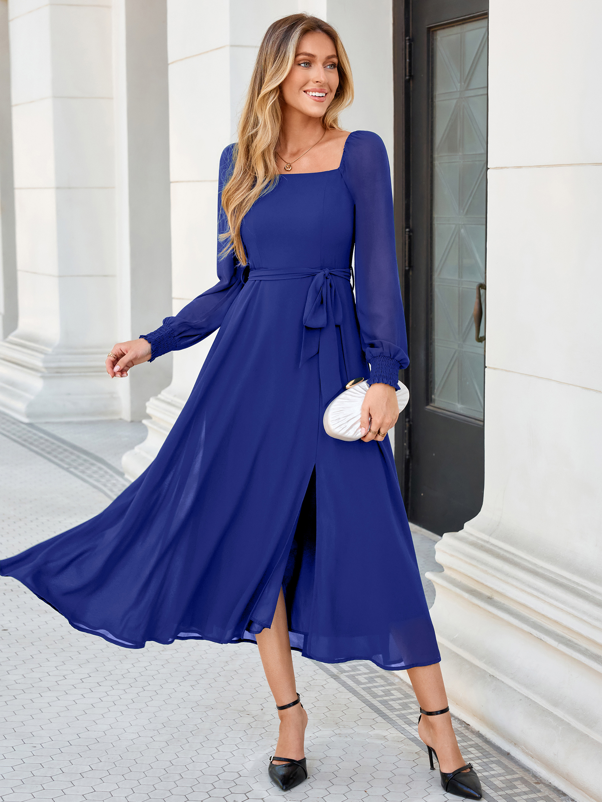 Square Neck Long Sleeve Chiffon A-Line Maxi Dress - Blue