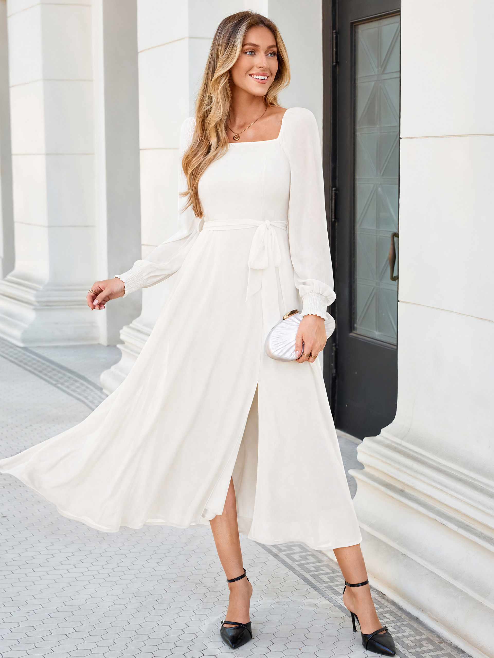 Square Neck Long Sleeve Chiffon A-Line Maxi Dress - White