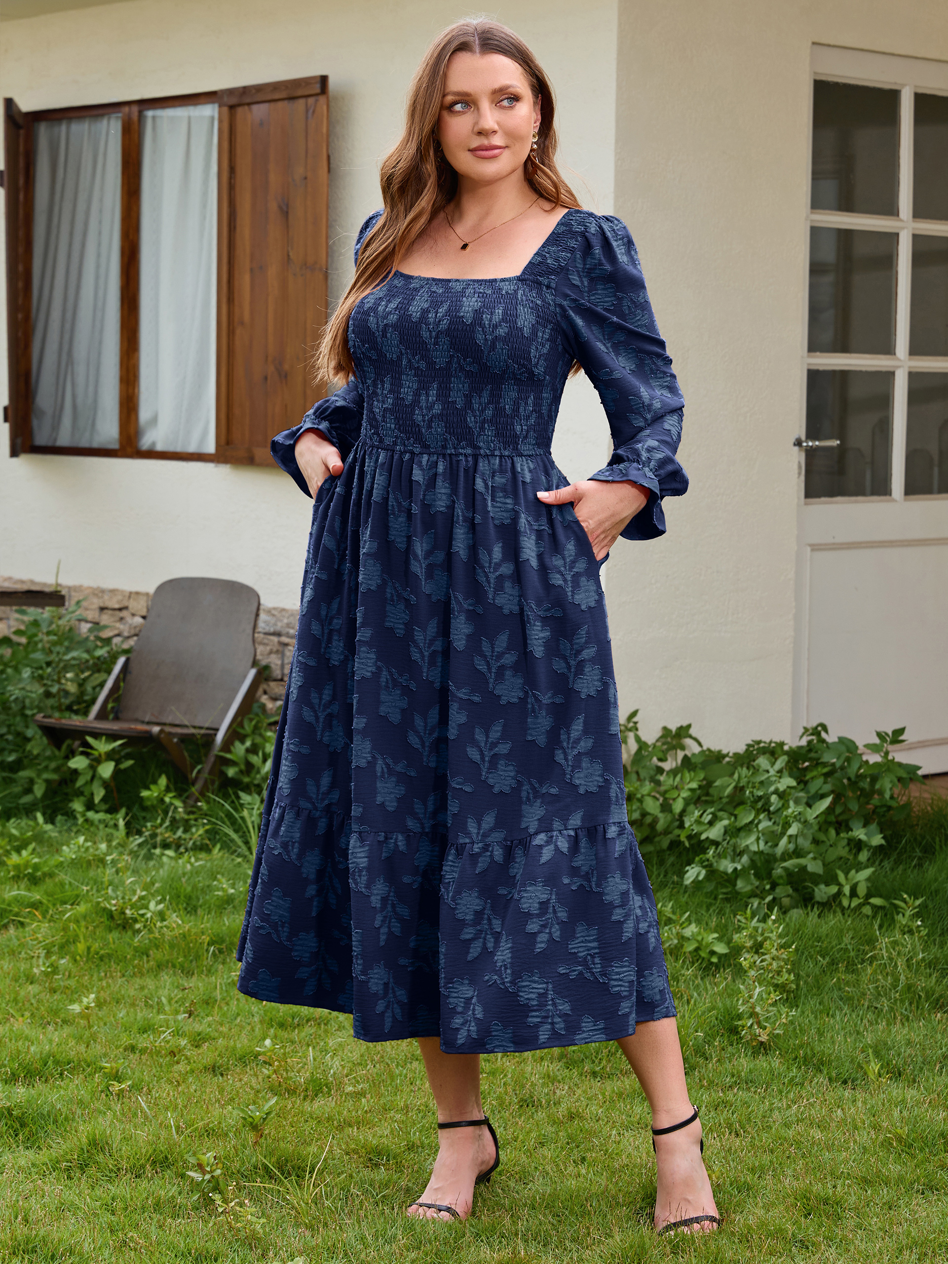 Plus Size Smocked Square Neck Long Sleeve Floral Maxi Dress