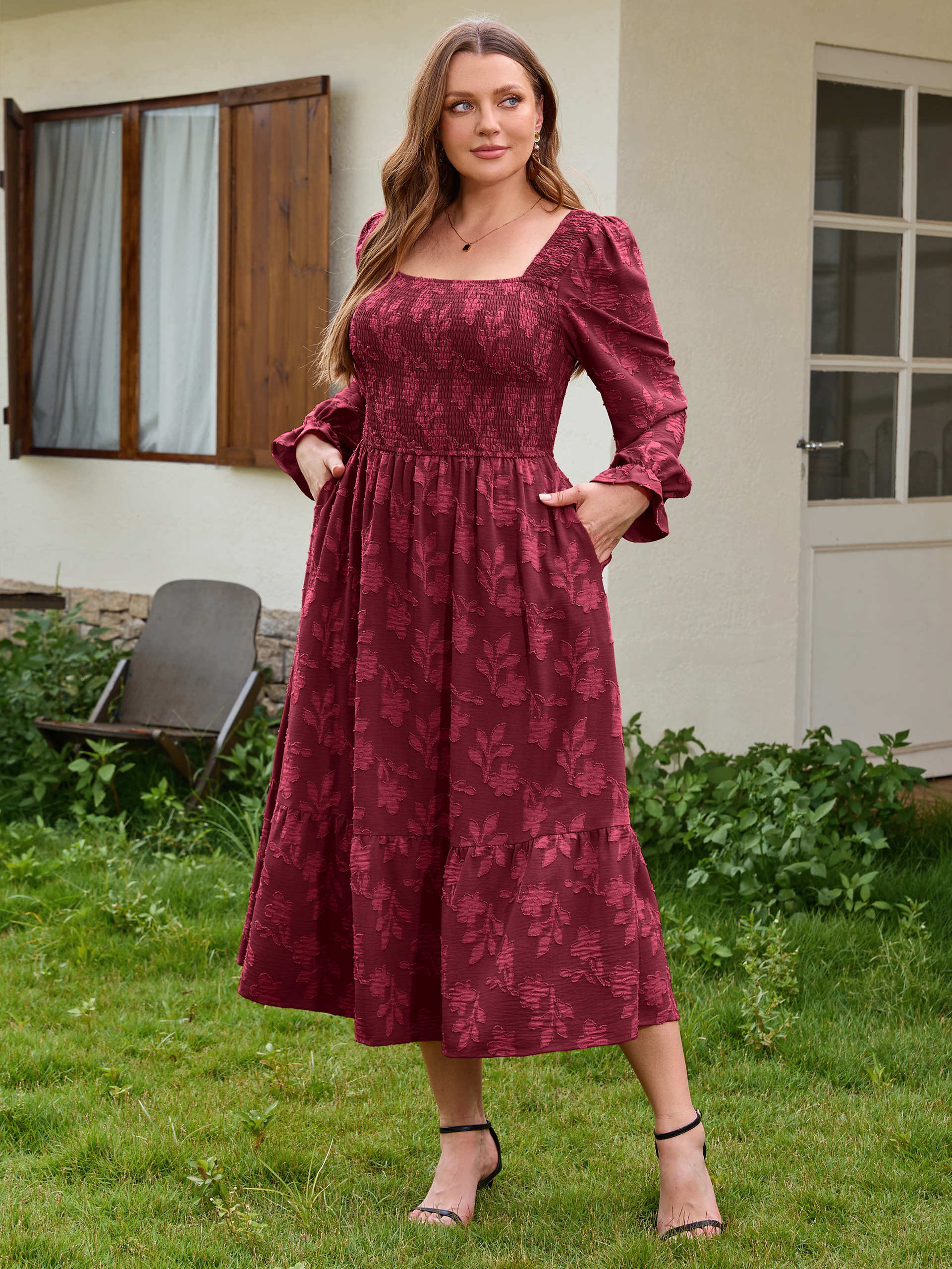 Plus Size Smocked Square Neck Long Sleeve Floral Maxi Dress