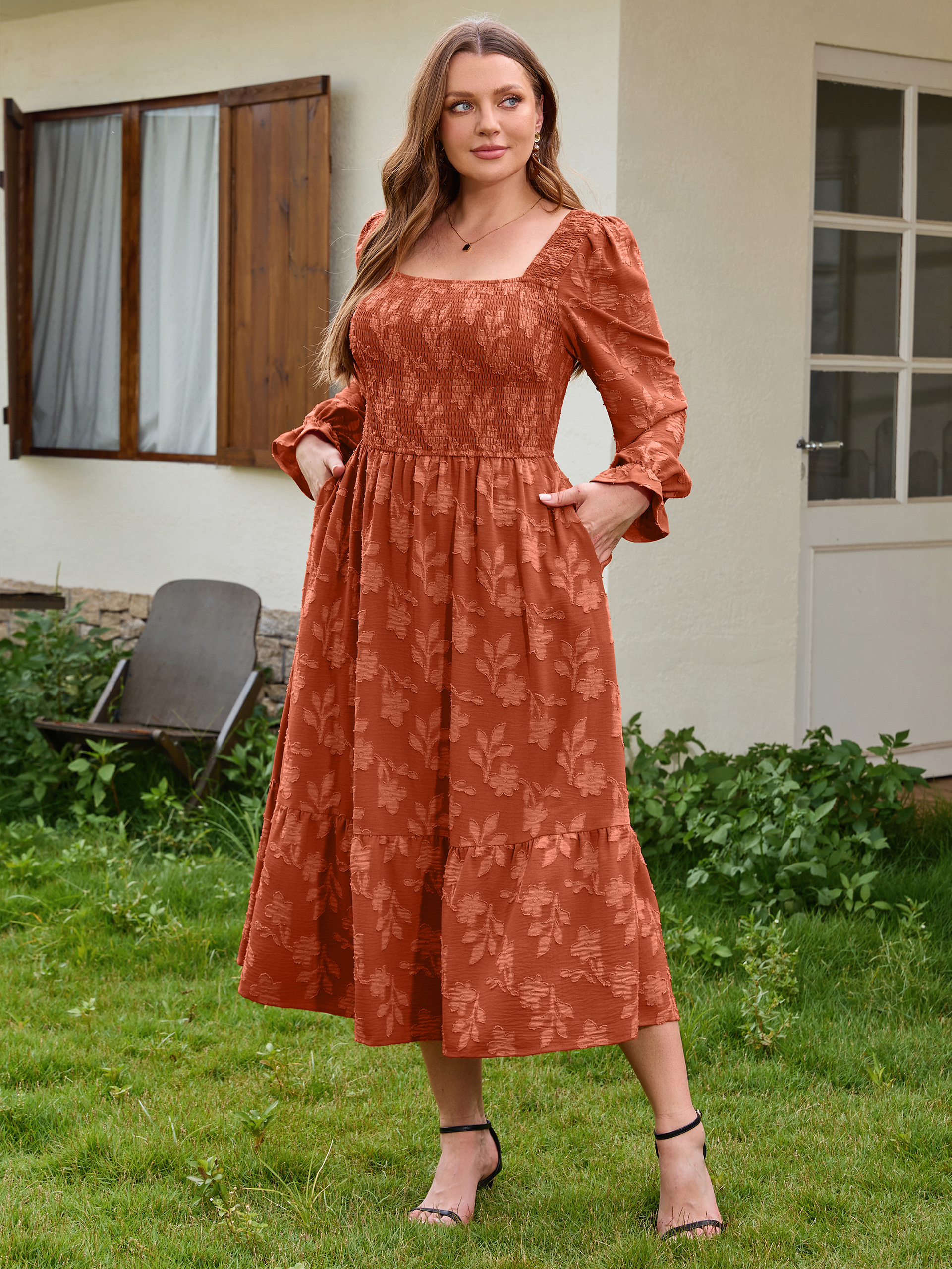 Plus Size Smocked Square Neck Long Sleeve Floral Maxi Dress