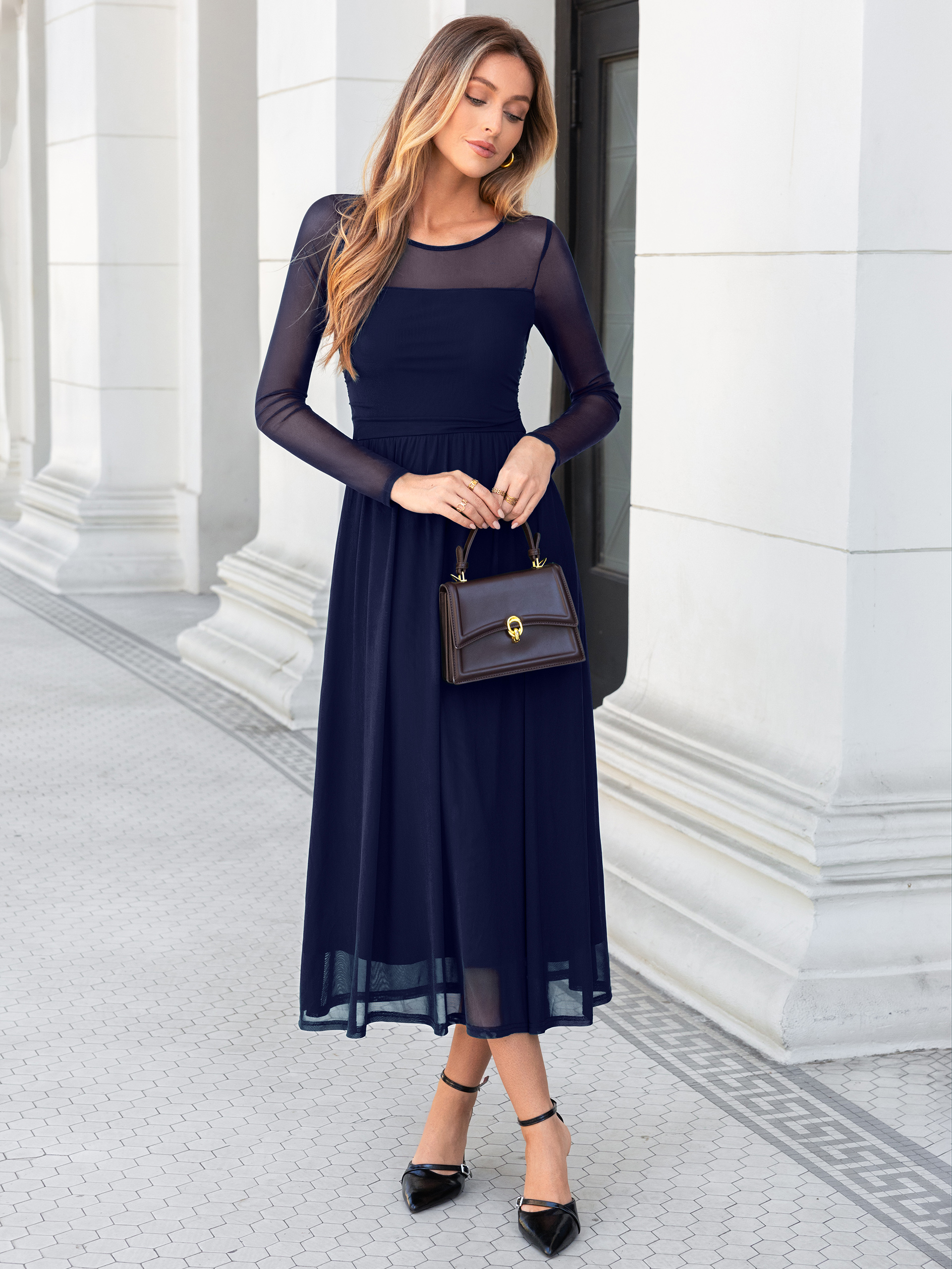 Long Sleeve Sheer Mesh Fit and Flare Maxi Dress