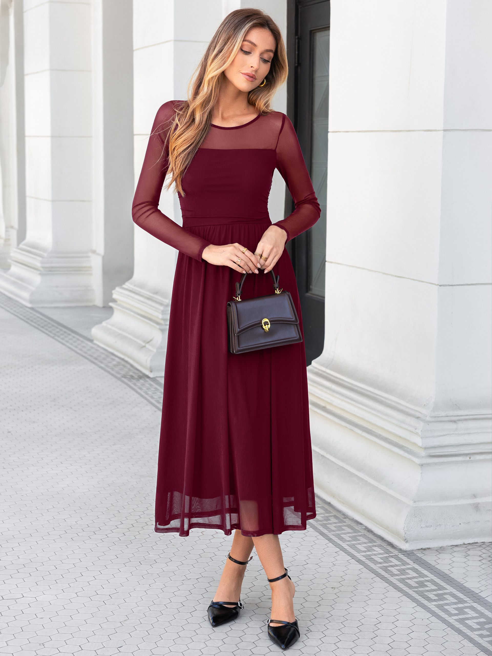 Long Sleeve Sheer Mesh Fit and Flare Maxi Dress