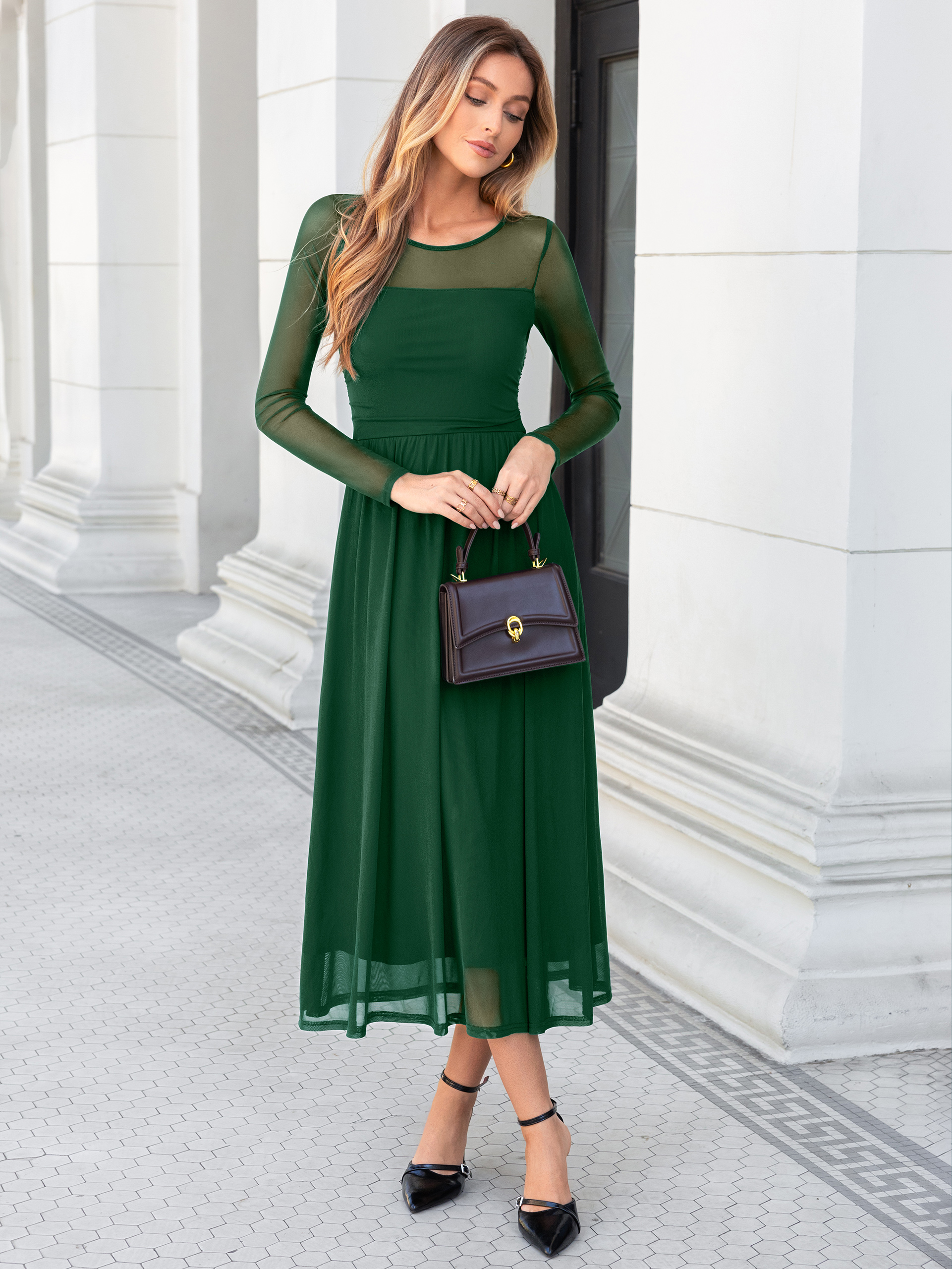 Long Sleeve Sheer Mesh Fit and Flare Maxi Dress