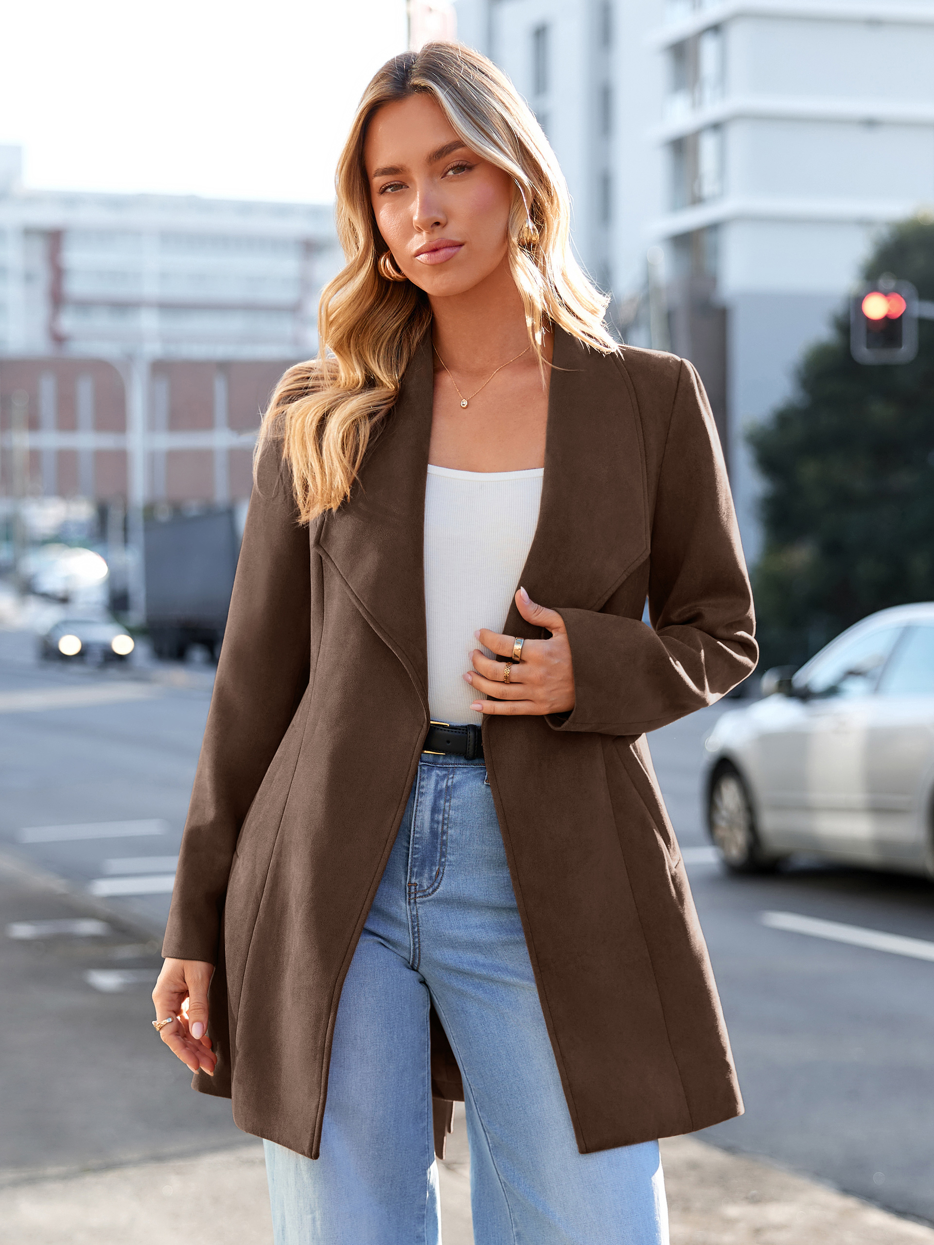 Faux Suede Open-Front Belted Trench Coat