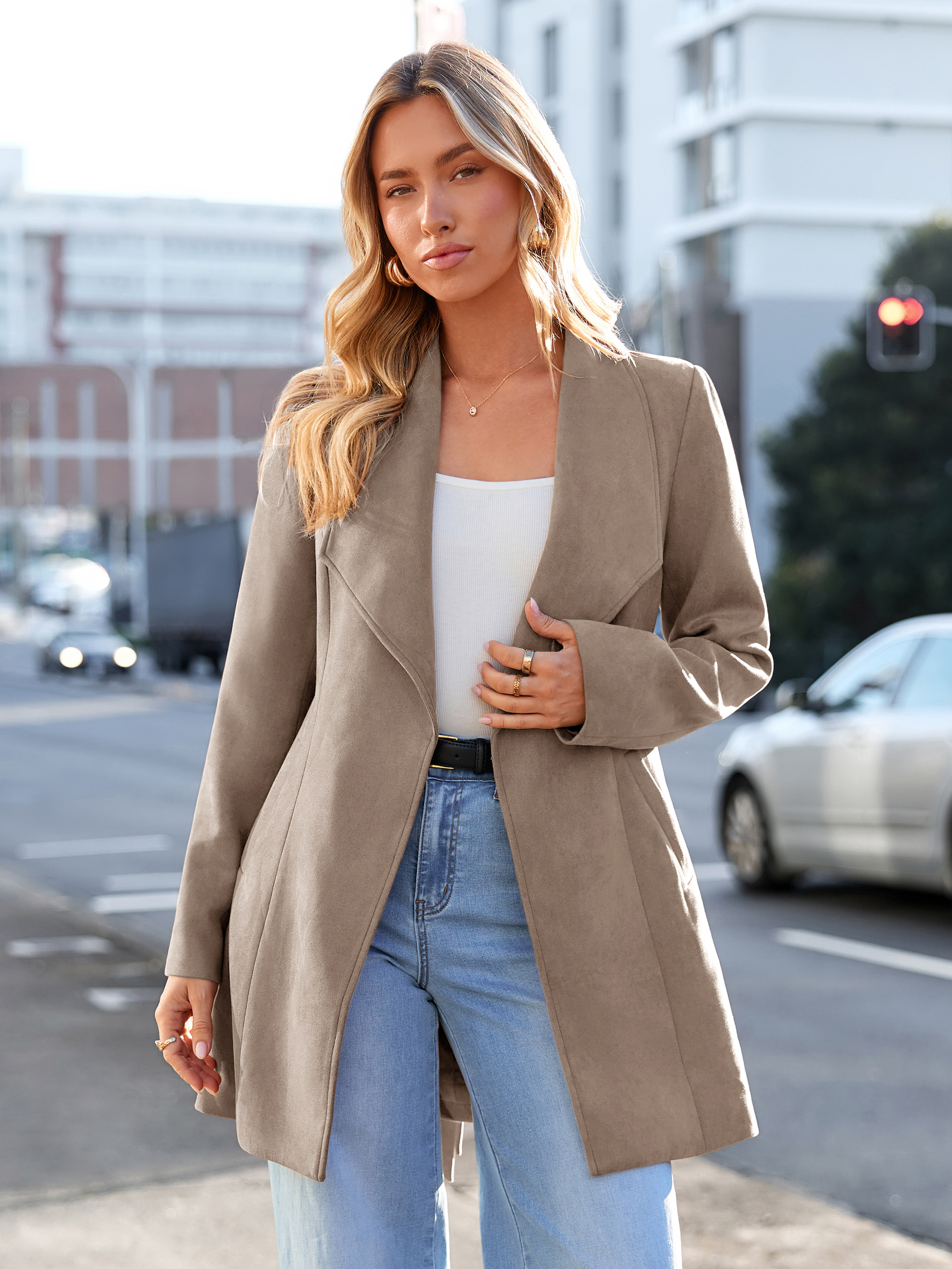 Faux Suede Open-Front Belted Trench Coat